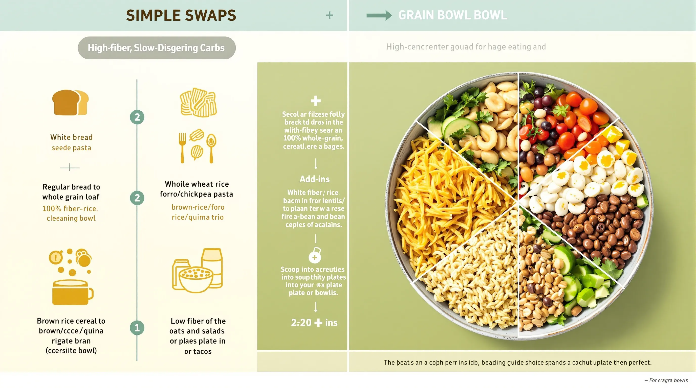 Infographic showing fiber-rich carb swaps and a balanced grain bowl.
