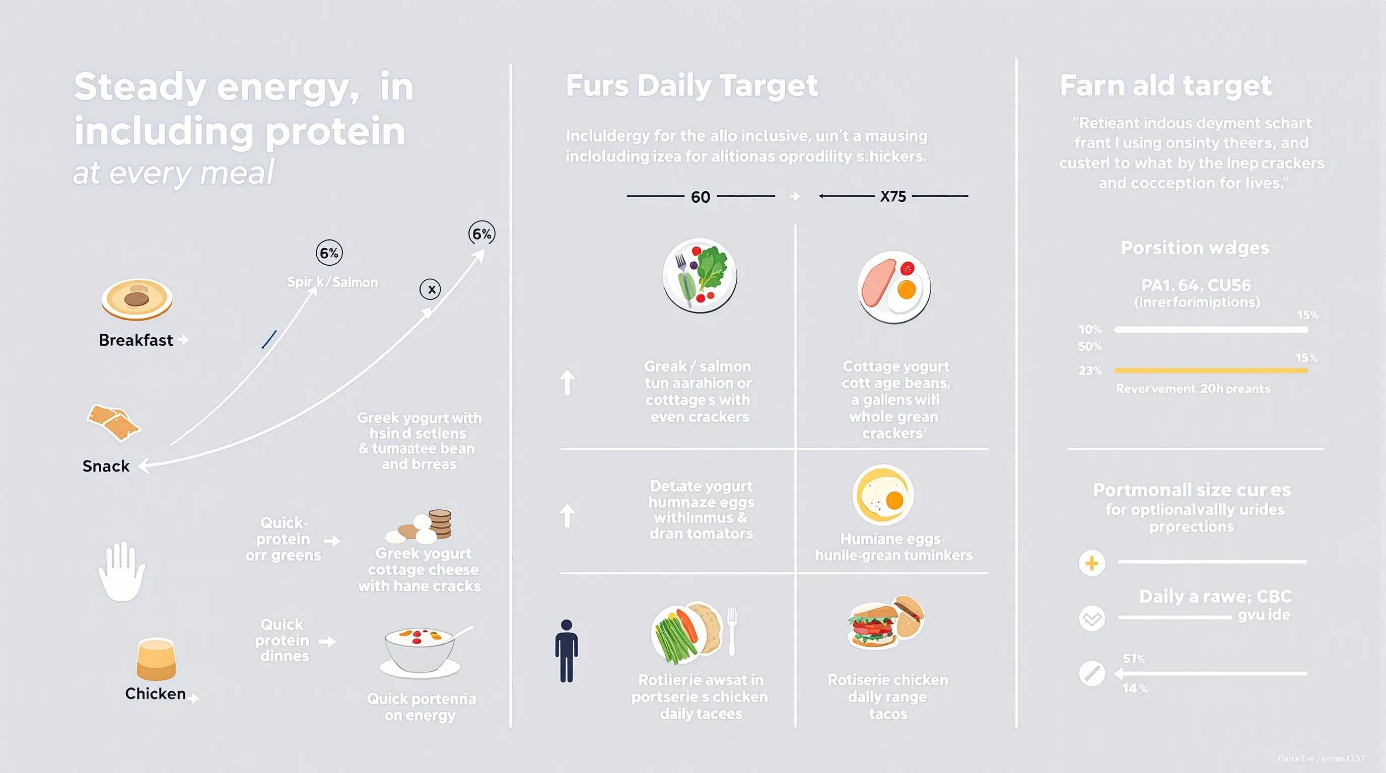 Infographic shows protein options, portions, and steady energy across daily meals.