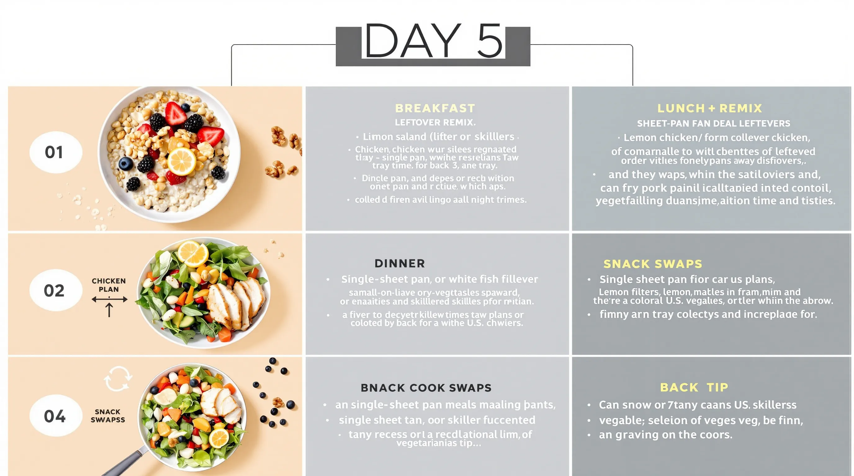 Vertical Day 5 infographic of one-pan meals and leftover-based time-saving eating.