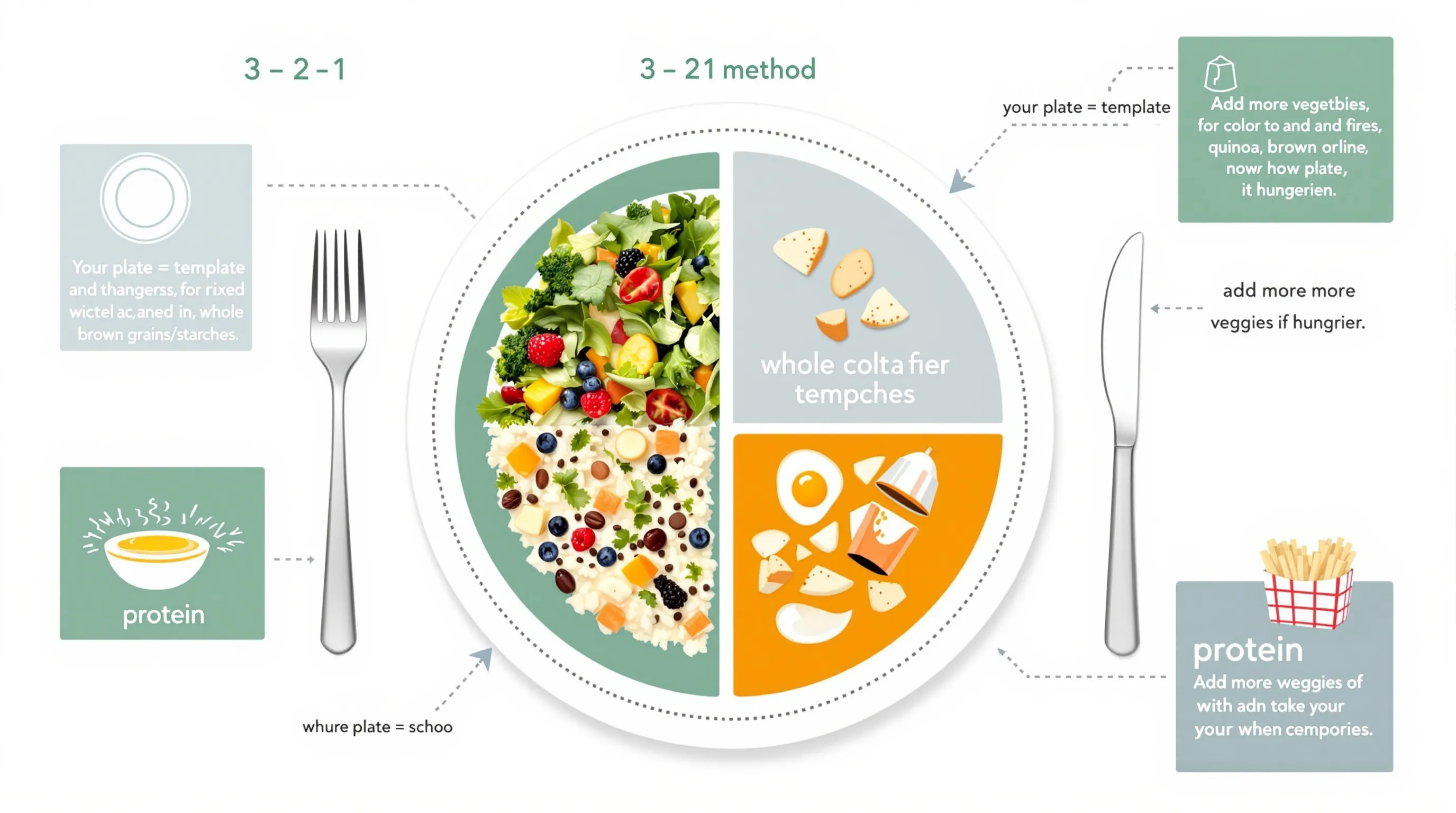 Top-down balanced plate showing the 3-2-1 method for healthy eating.