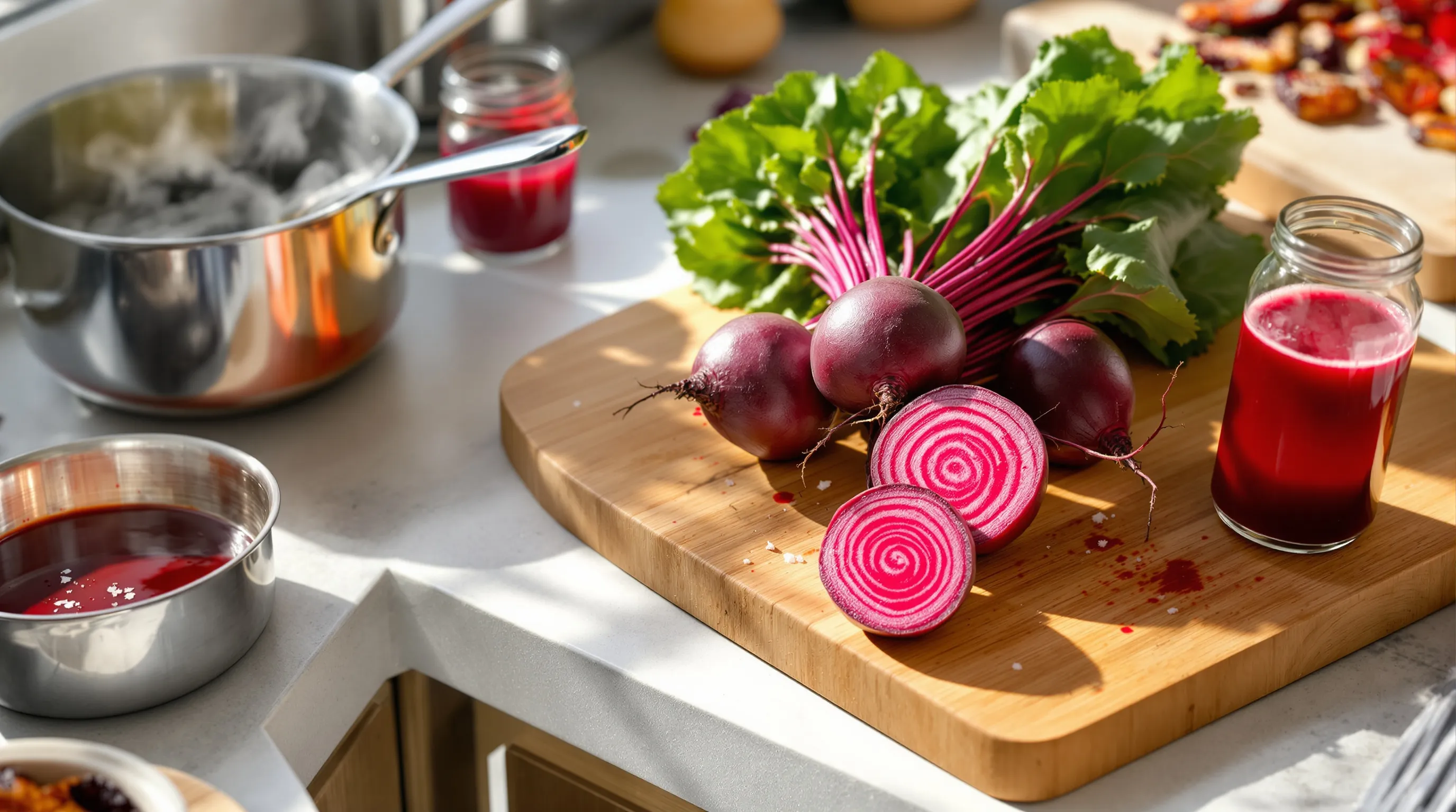 Whole beets with juice and powder on a sunlit American kitchen counter.