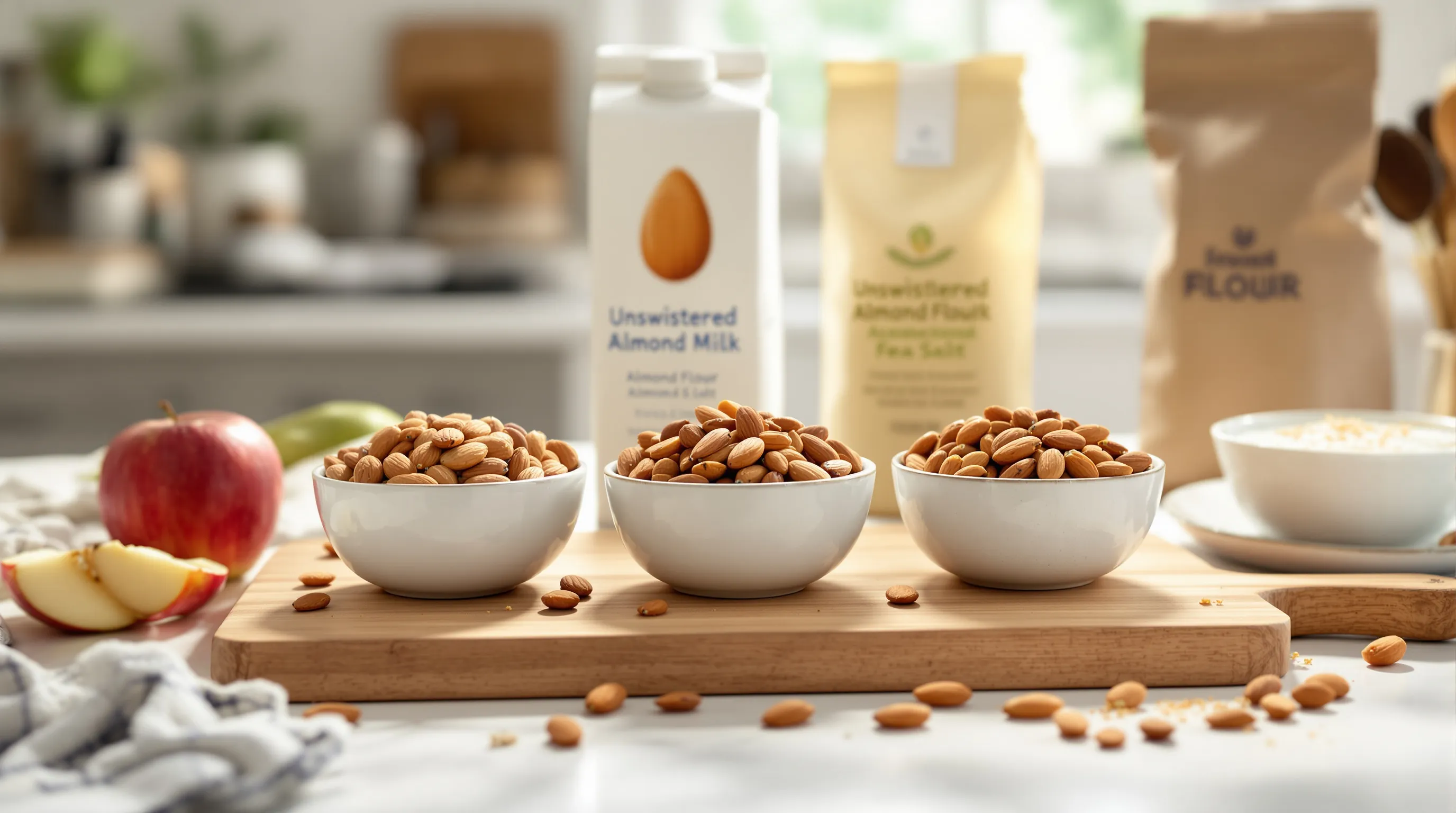 Three bowls of raw, roasted, and soaked almonds on a sunlit kitchen counter.