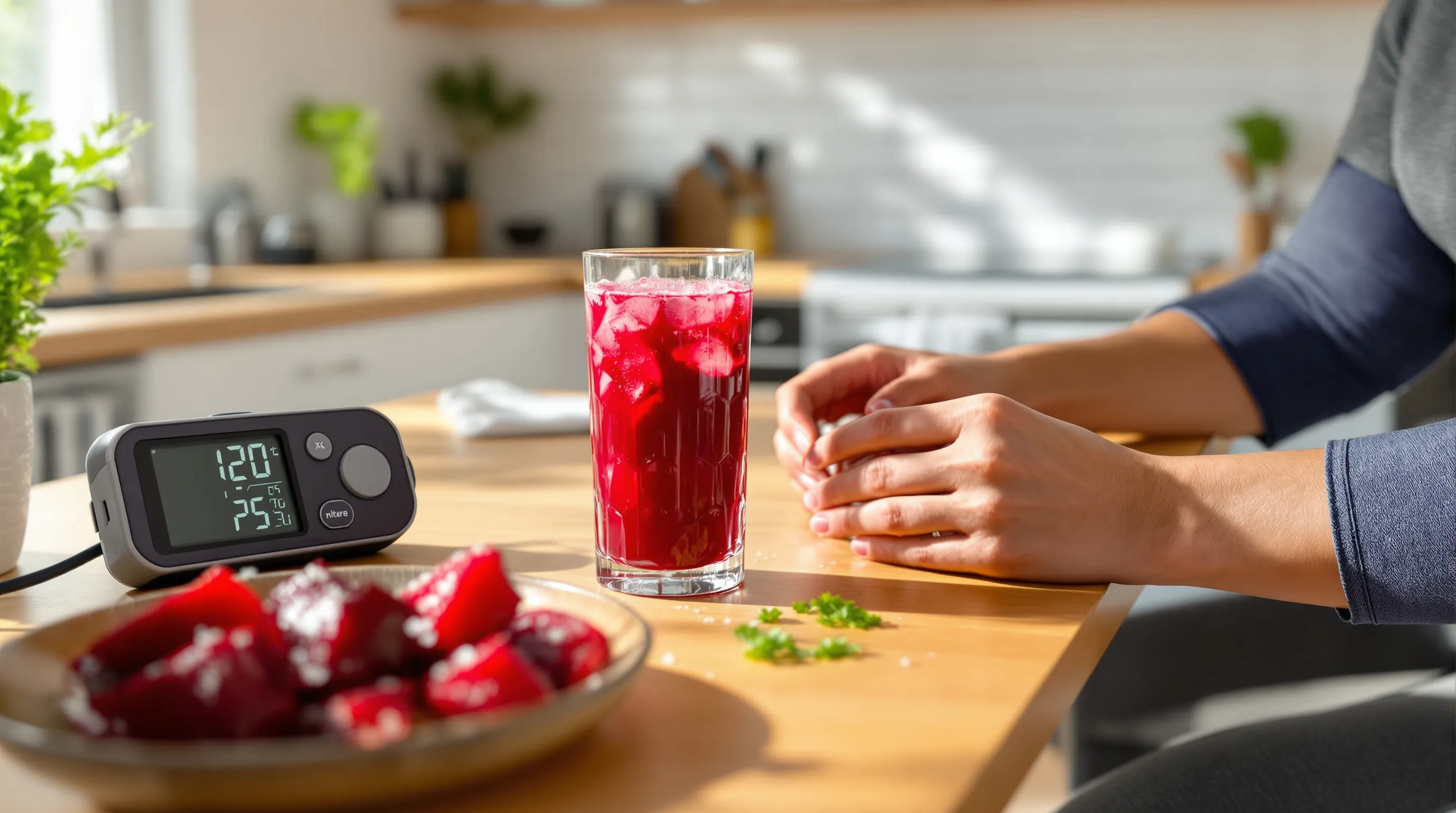Beet juice and roasted beets beside a woman checking her blood pressure.