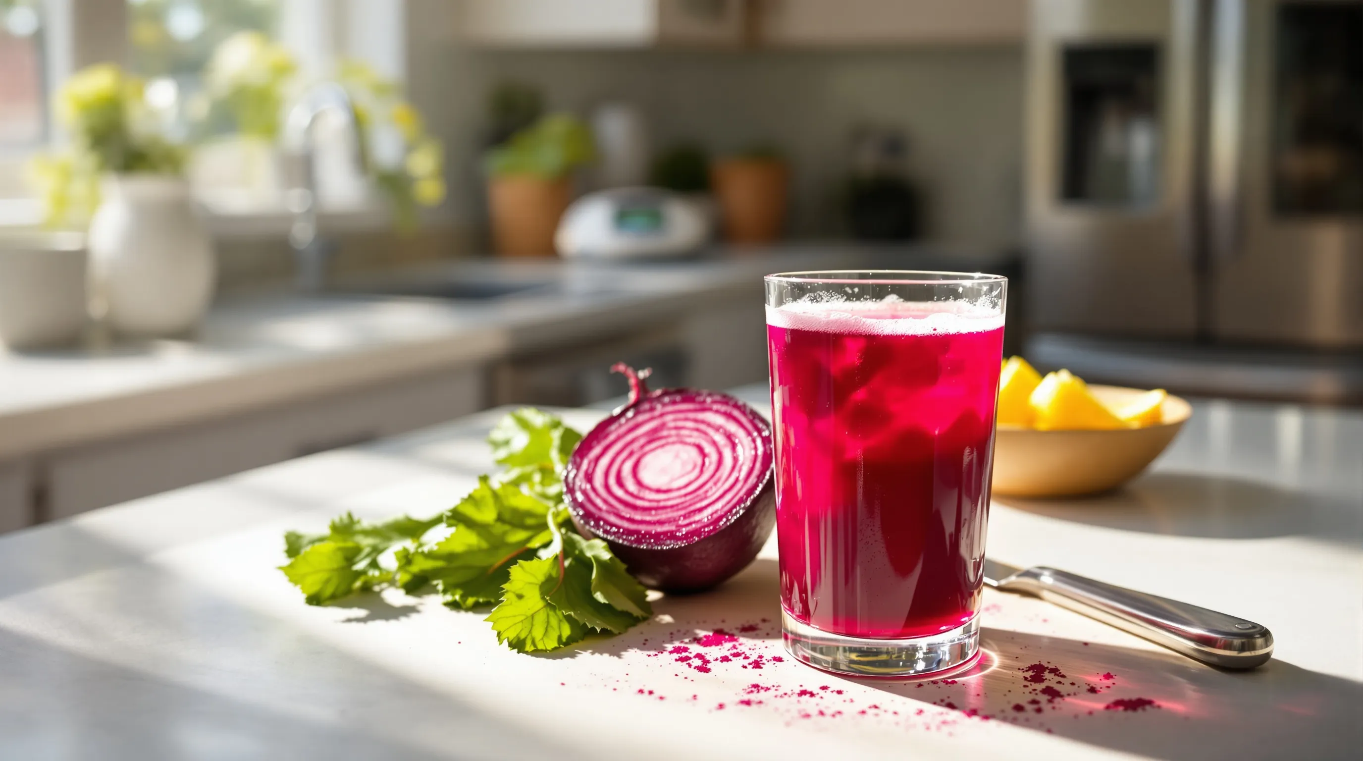 Fresh beet juice and sliced beets in a sunlit U.S. kitchen.