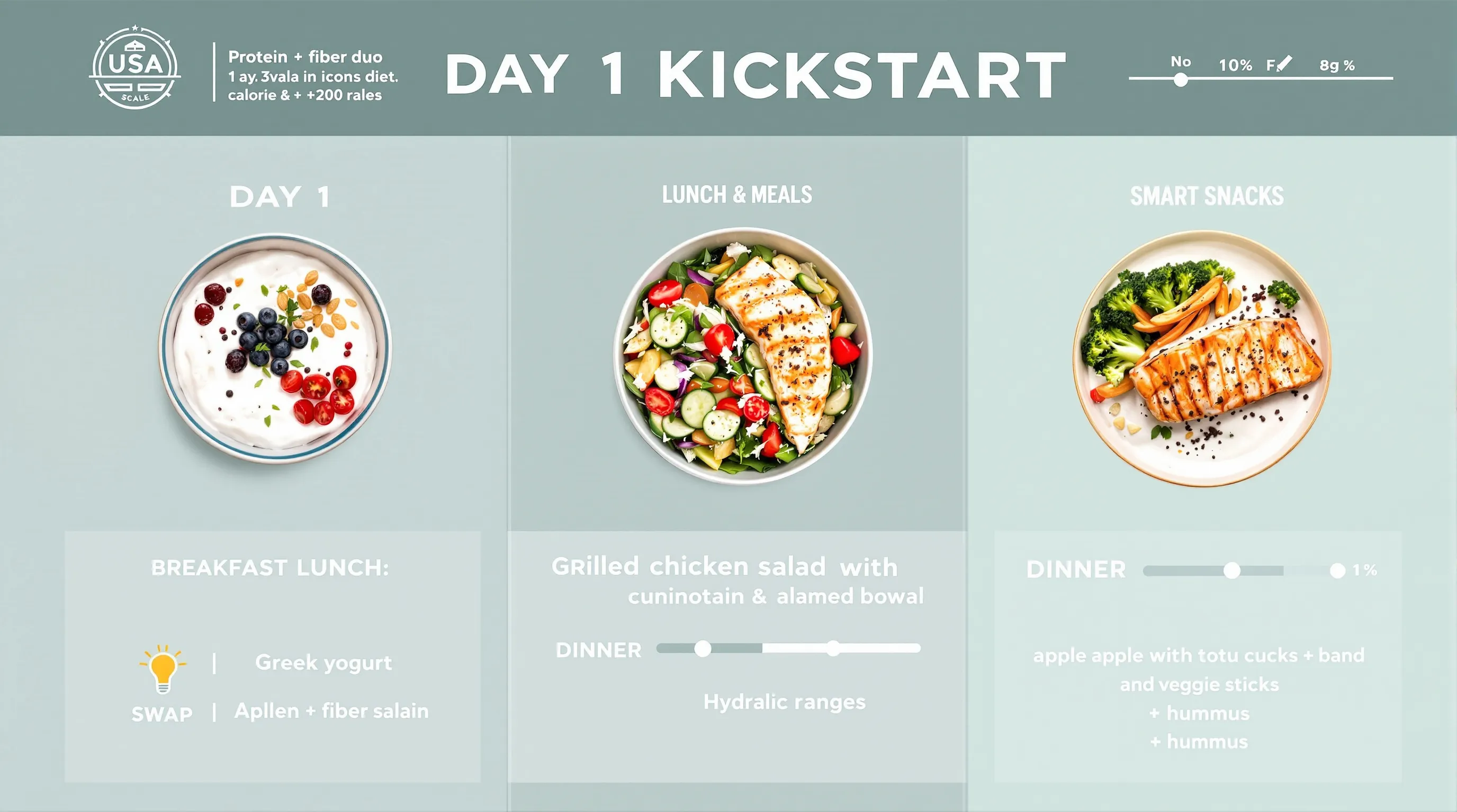Day 1 weight-loss meal plan highlighting protein, fiber, hydration, and smart snacks.