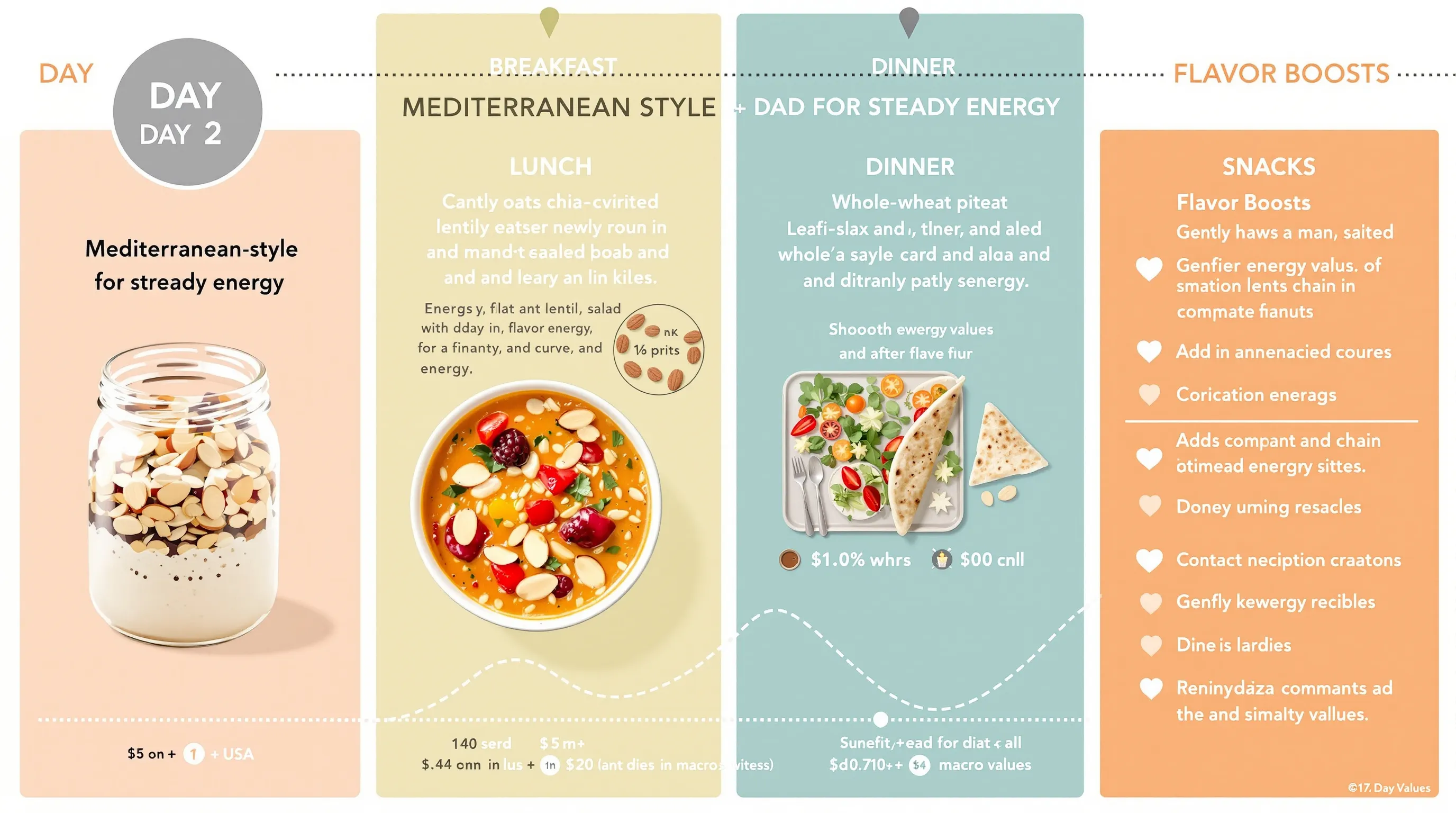 Mediterranean Day 2 meal plan with balanced meals, snacks, and flavor boosts.
