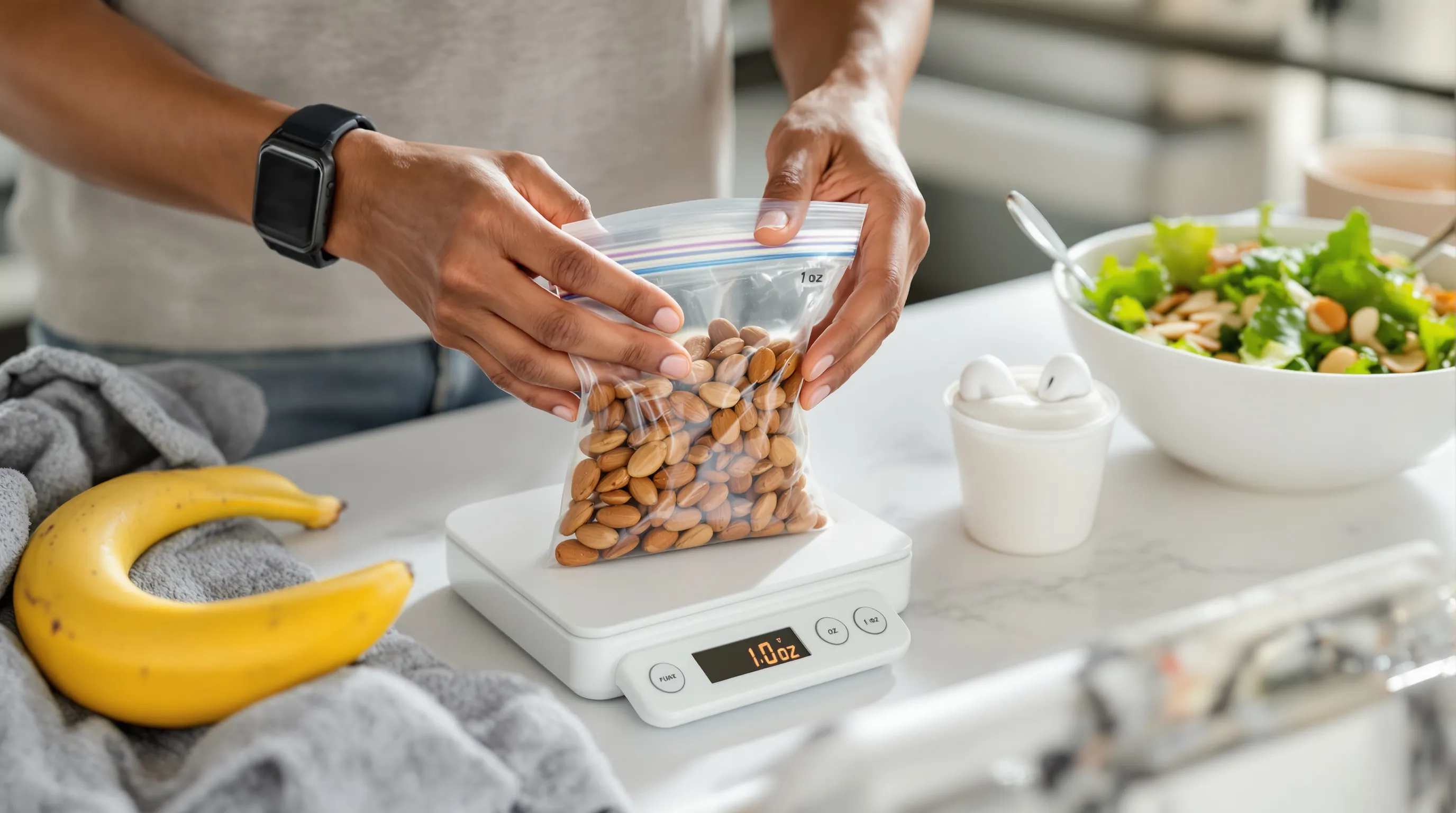 Hands portioning 1 oz of almonds into snack bags on a kitchen scale.