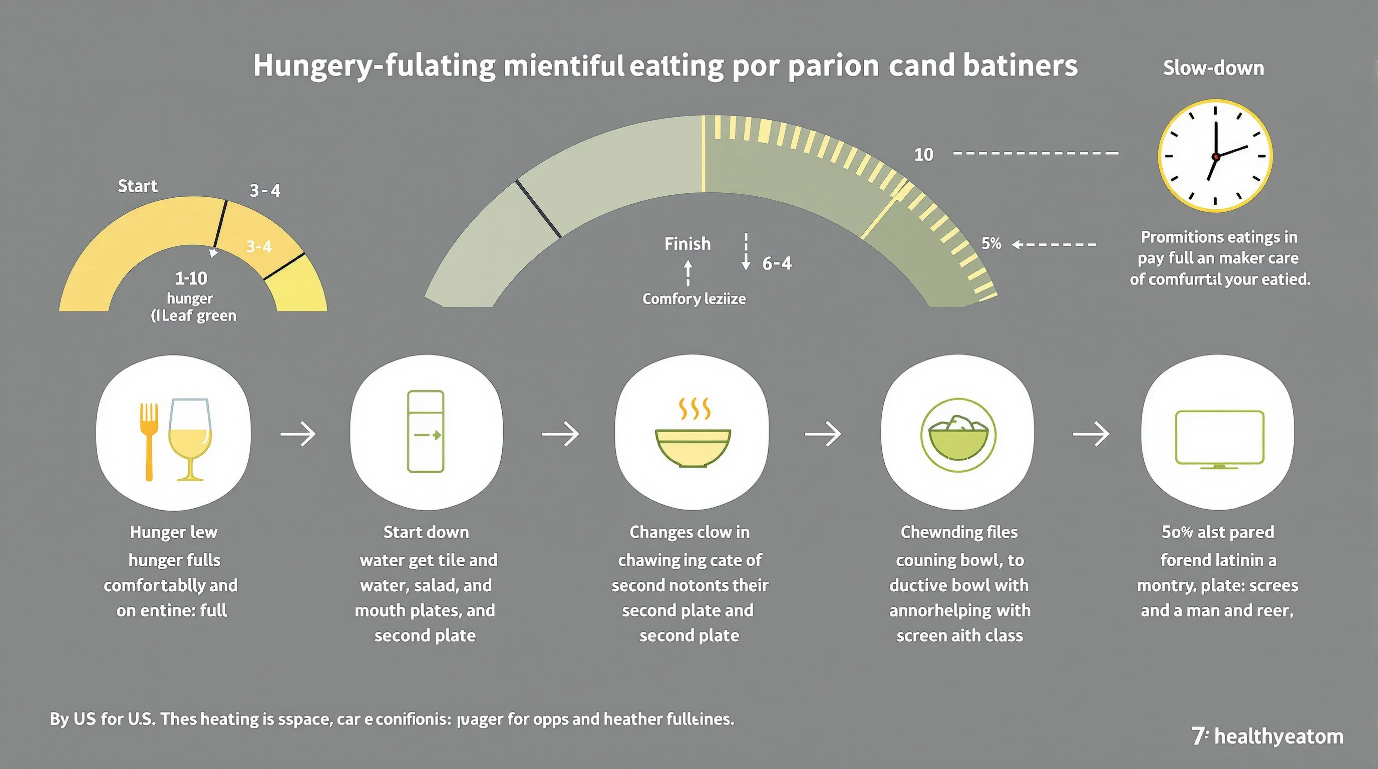 Infographic showing mindful eating cues, slow-down tips, and portion awareness.