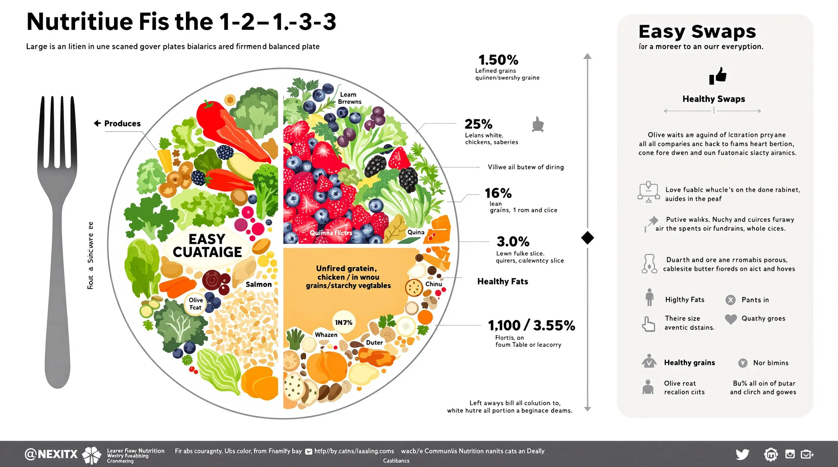 Balanced plate illustration with produce, protein, carbs, and simple healthy swaps.