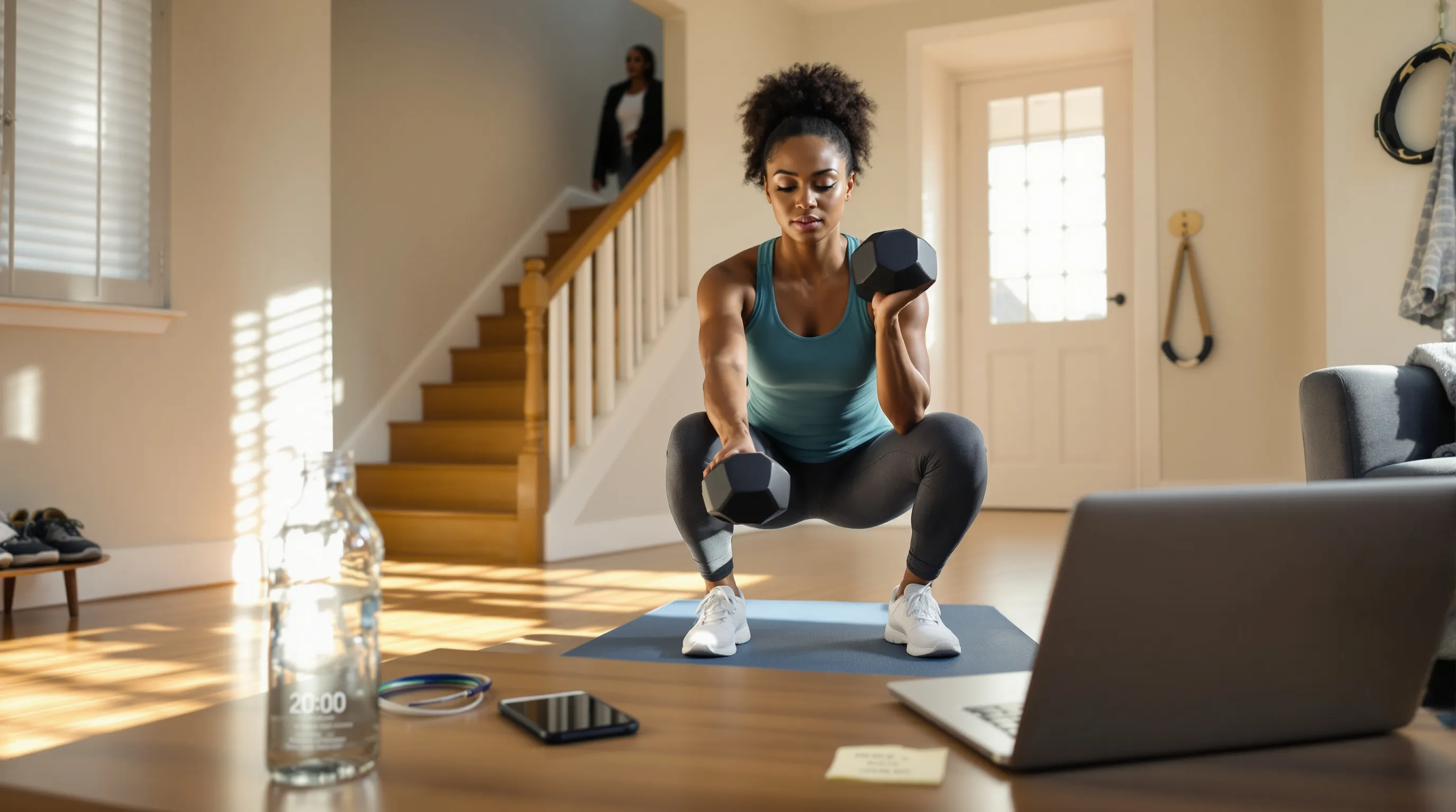 Woman doing goblet squats at home with timer and simple workout plan.