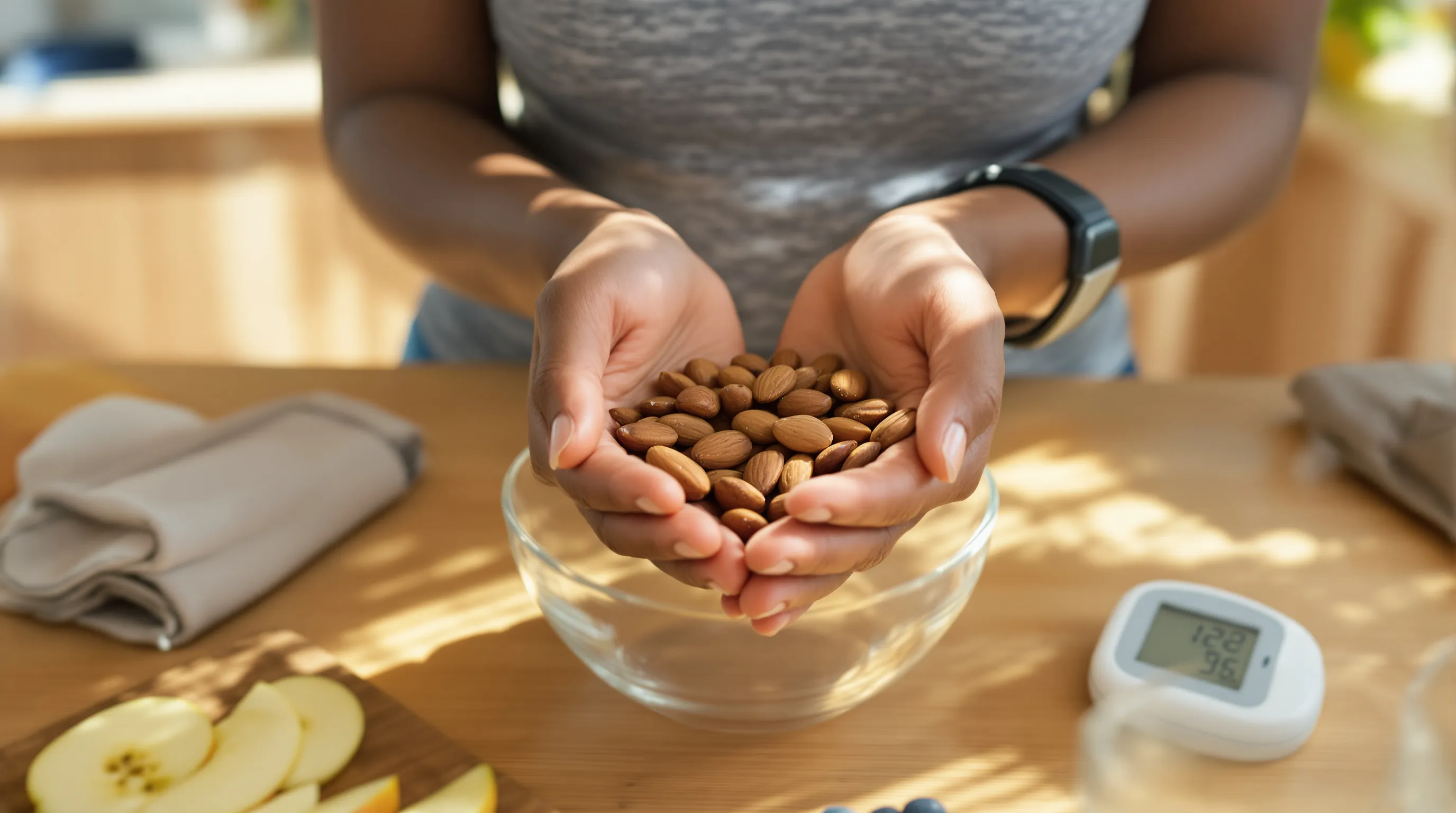 Woman holds a small handful of almonds in a sunlit kitchen.