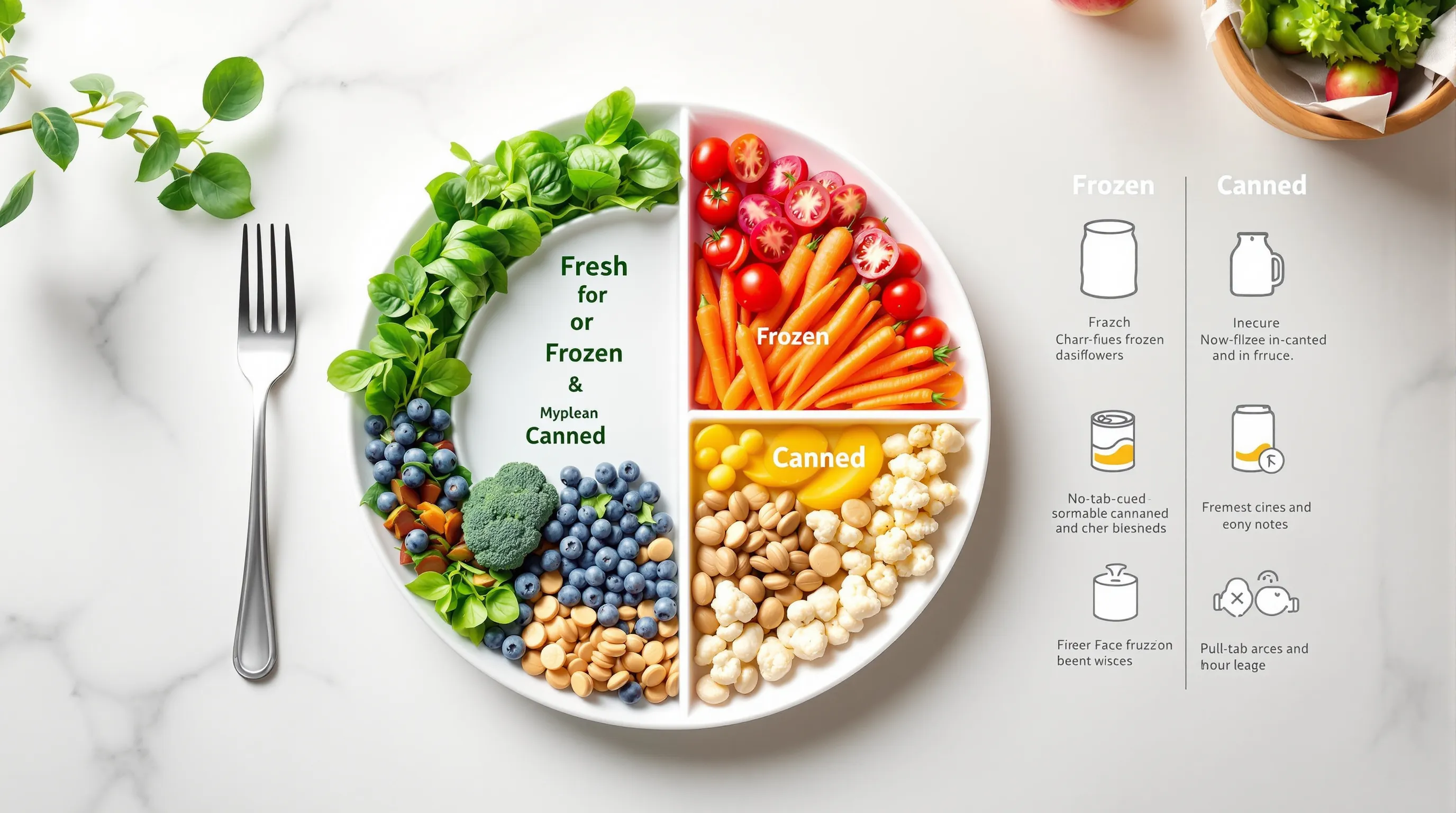 MyPlate-style graphic showing half a plate of colorful plant foods.