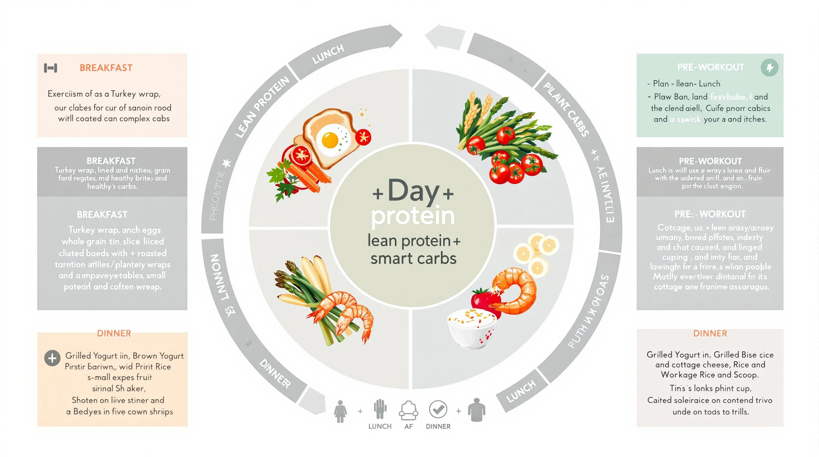 Circular workout day meal plan with snacks, portions, and hydration guide.
