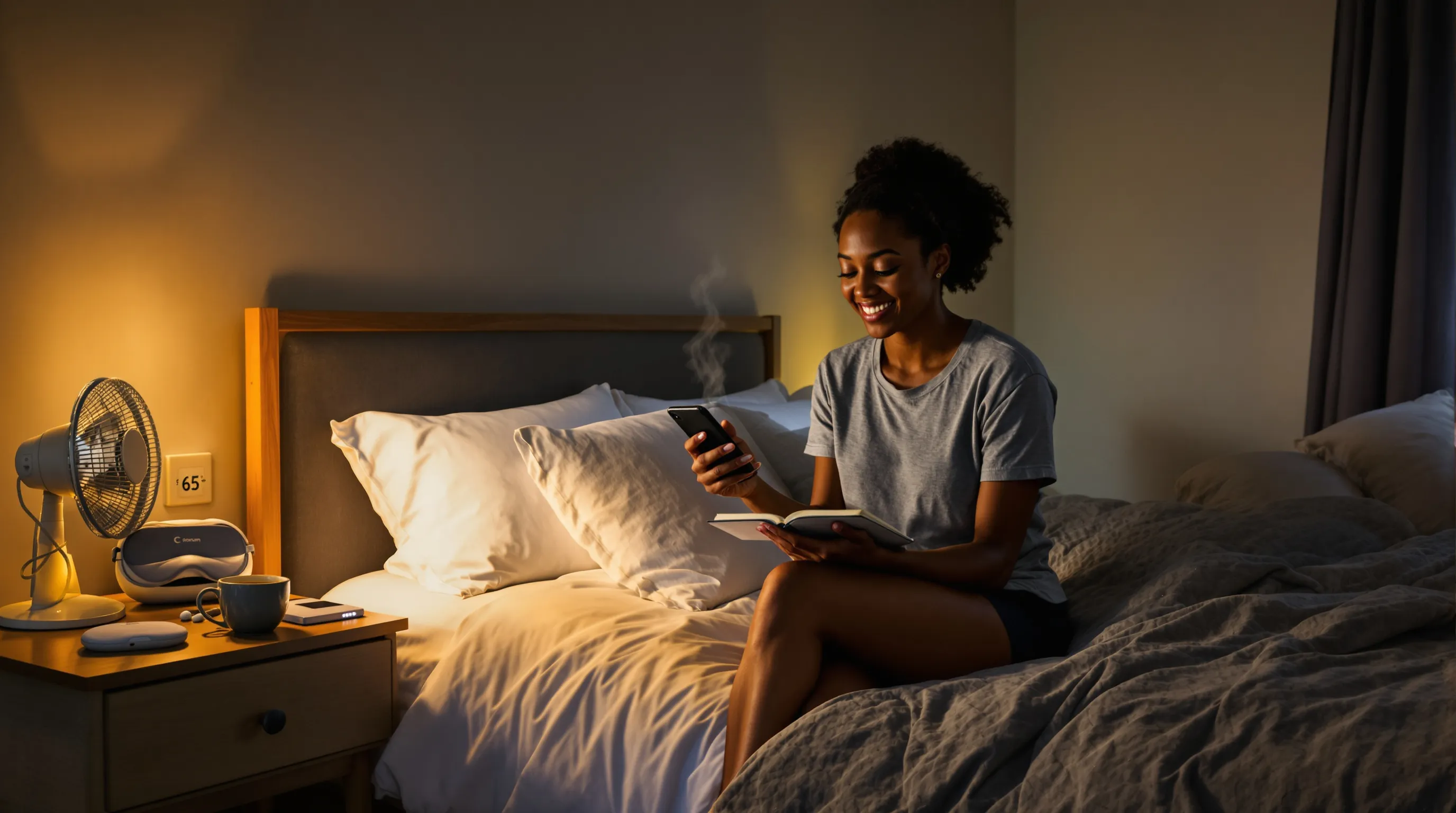 Woman journaling before bed in a cool, dark, quiet U.S. bedroom.