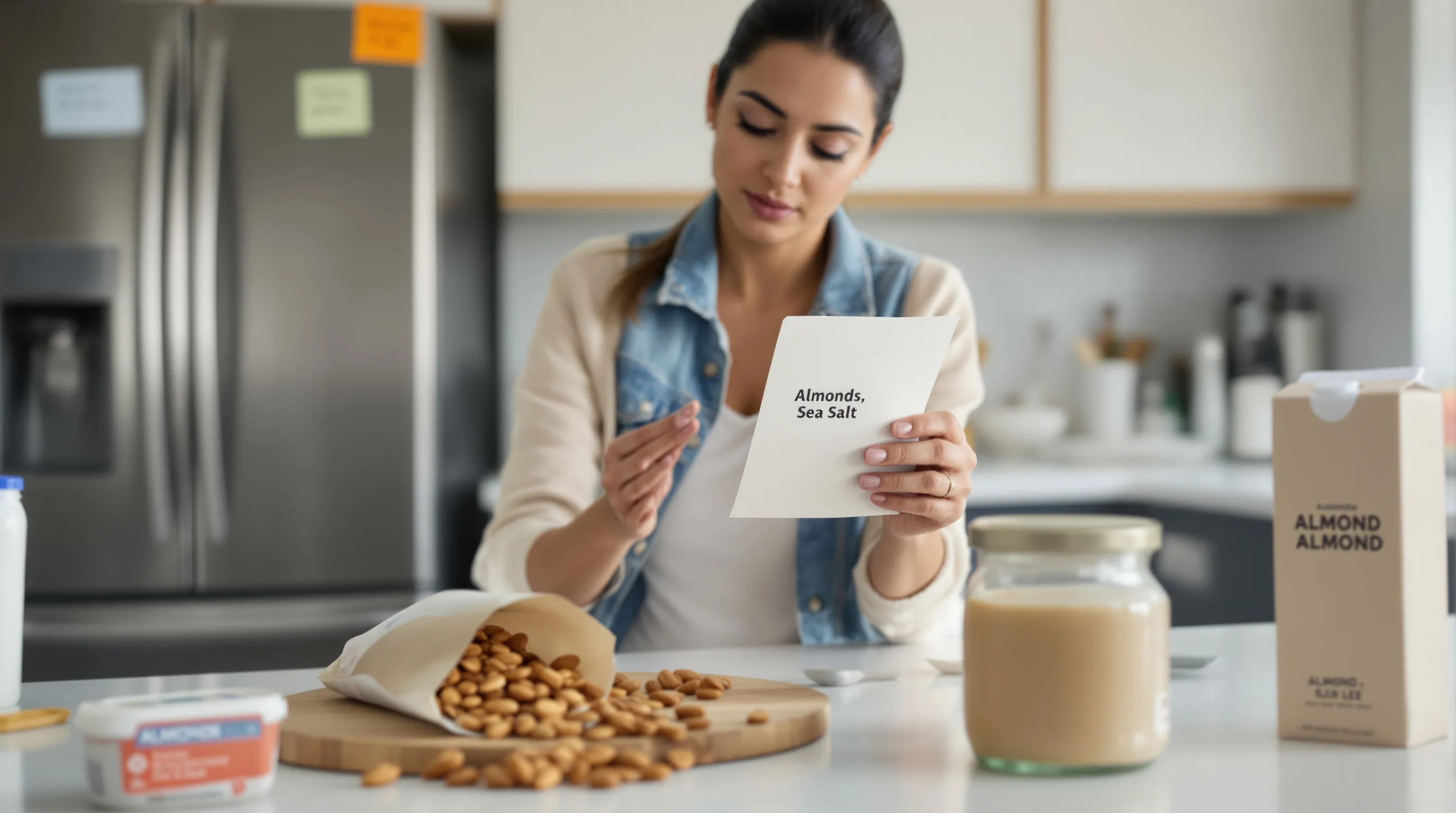 Woman reading almond label in kitchen with simple versus flavored options.