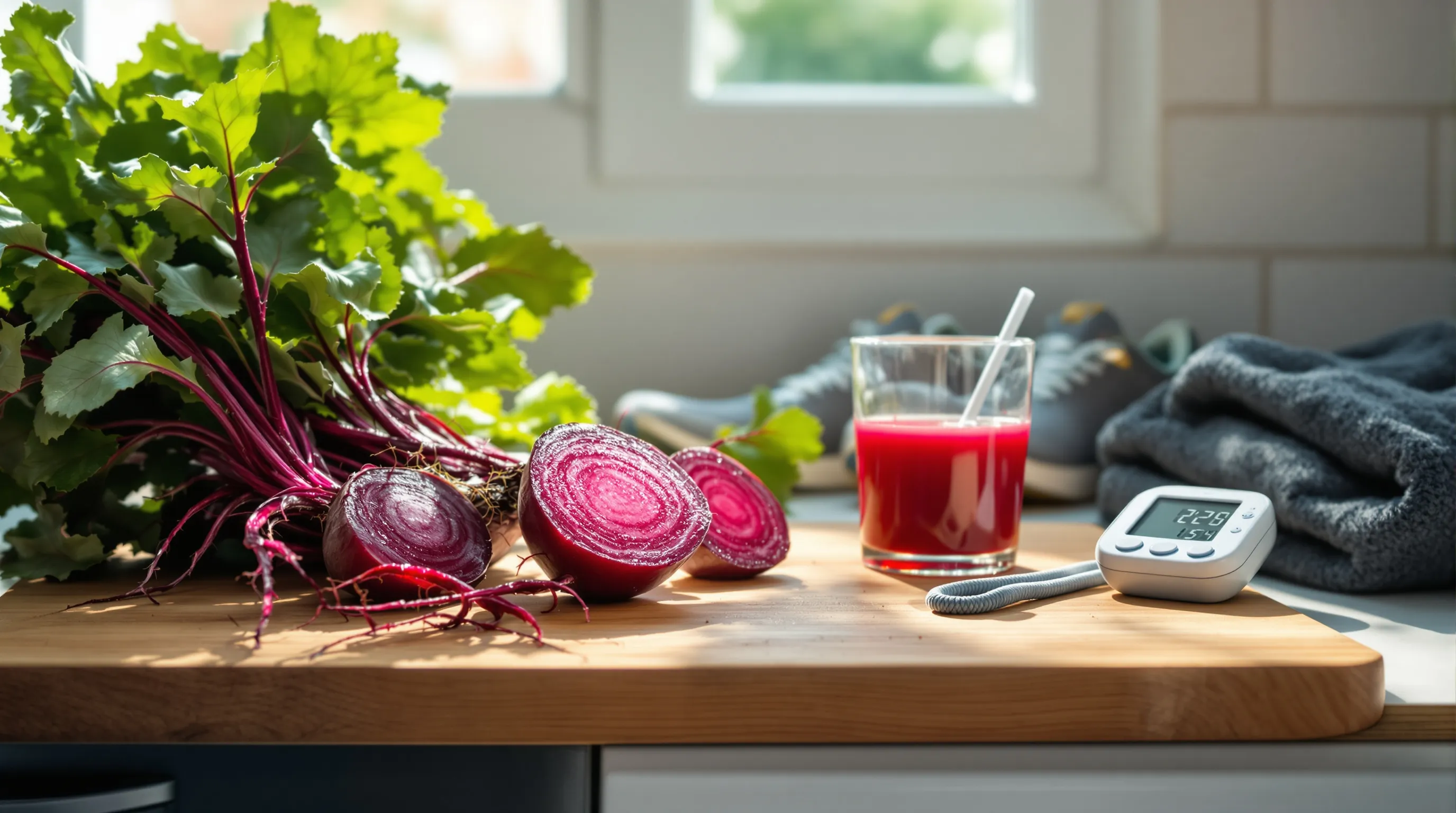 Fresh beets and beet juice beside a blood pressure monitor in a kitchen.