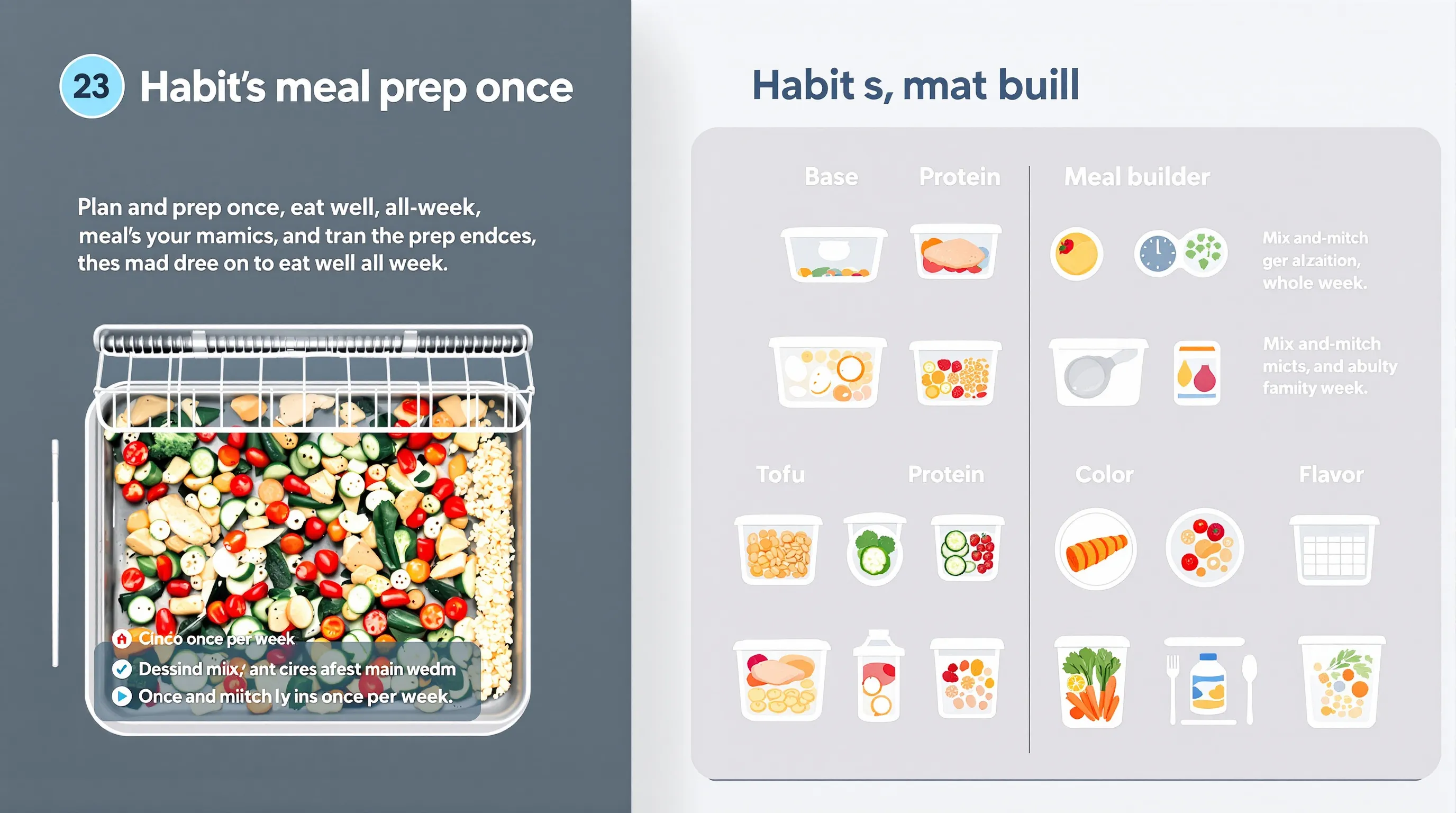 Meal prep planner with mix-and-match bowls, tacos, salads, and grocery staples.
