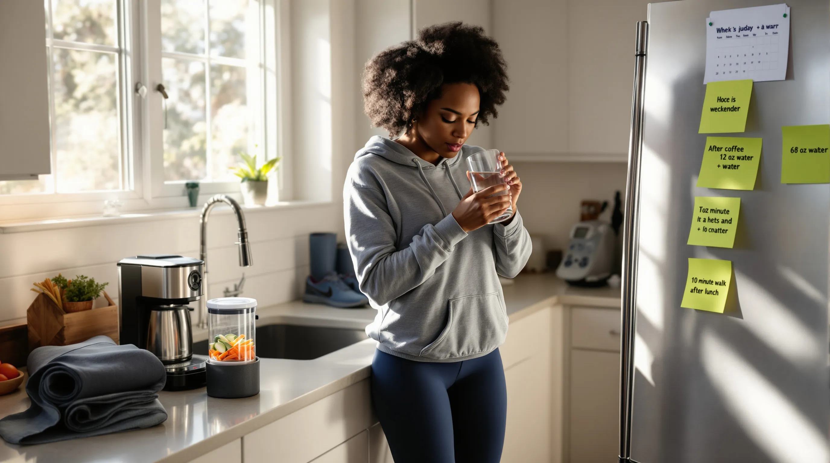 Woman drinks water after starting coffee, surrounded by simple habit cues.