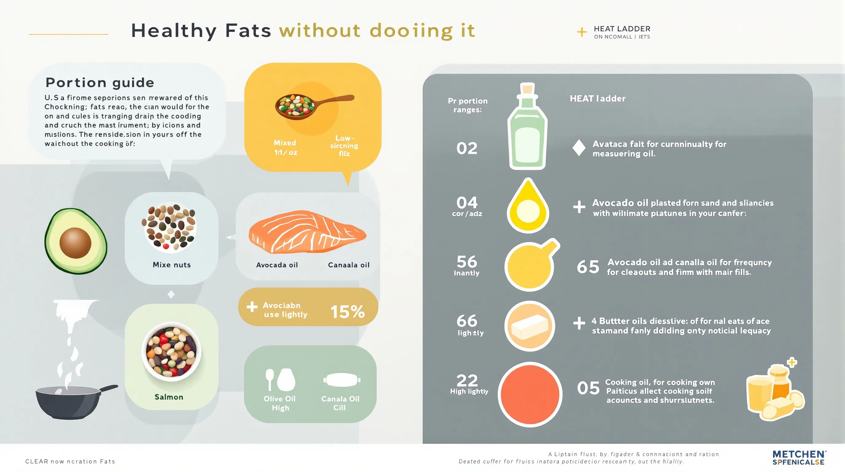 Infographic of healthy fat sources, smart portions, and best cooking oil uses.