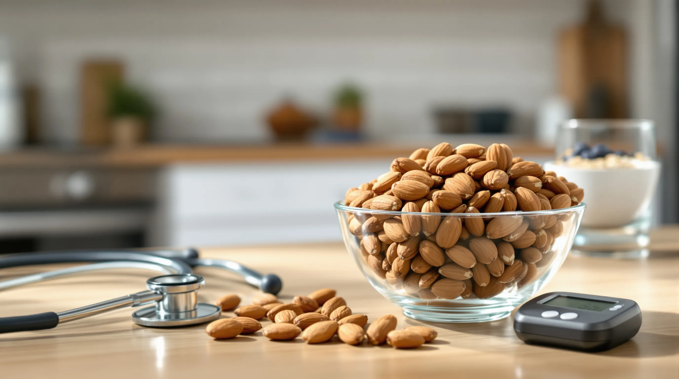 Bowl of almonds with stethoscope and glucose meter in a sunlit kitchen.