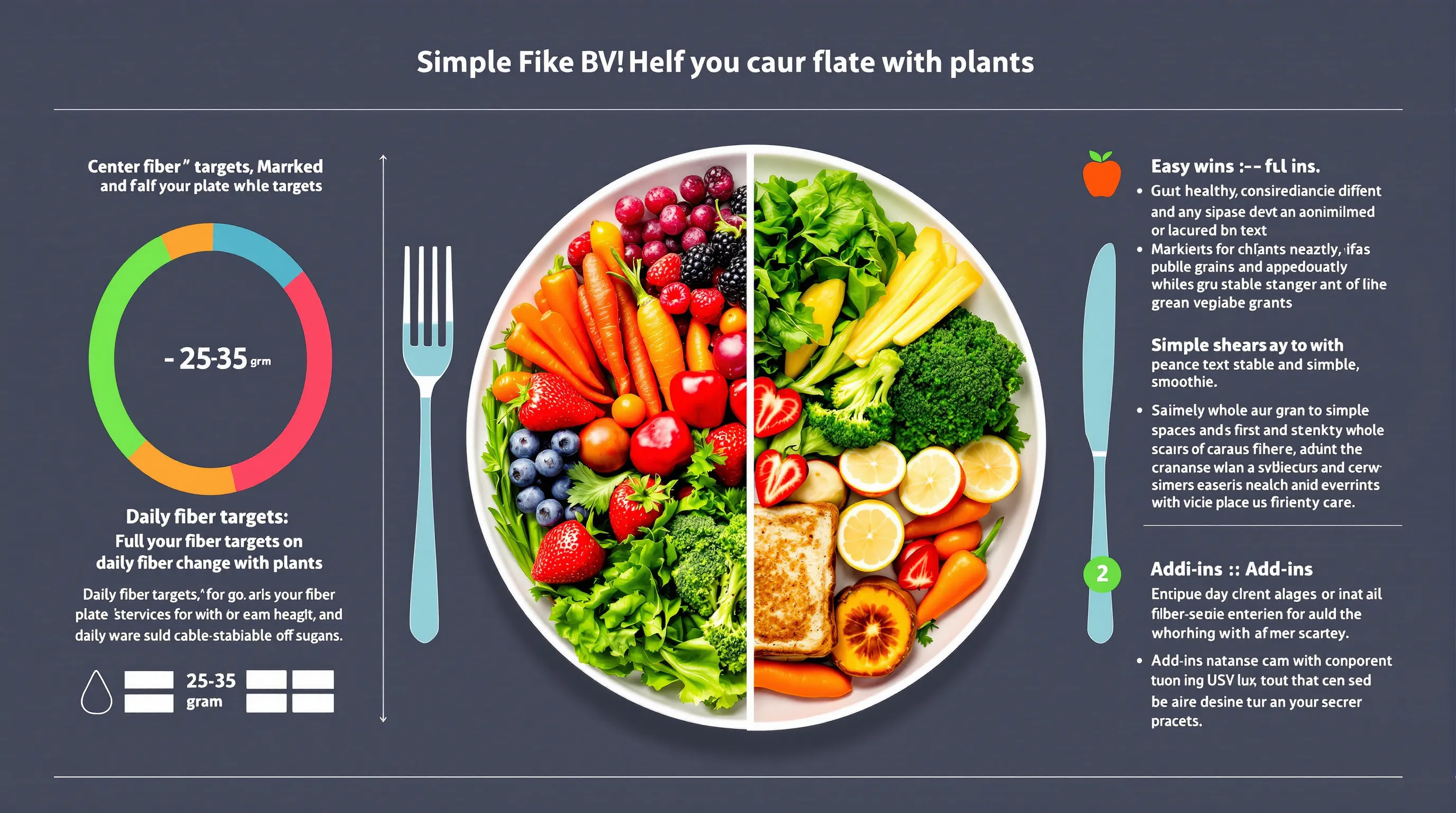 Half-plate produce infographic with fiber targets and easy veggie prep tips.