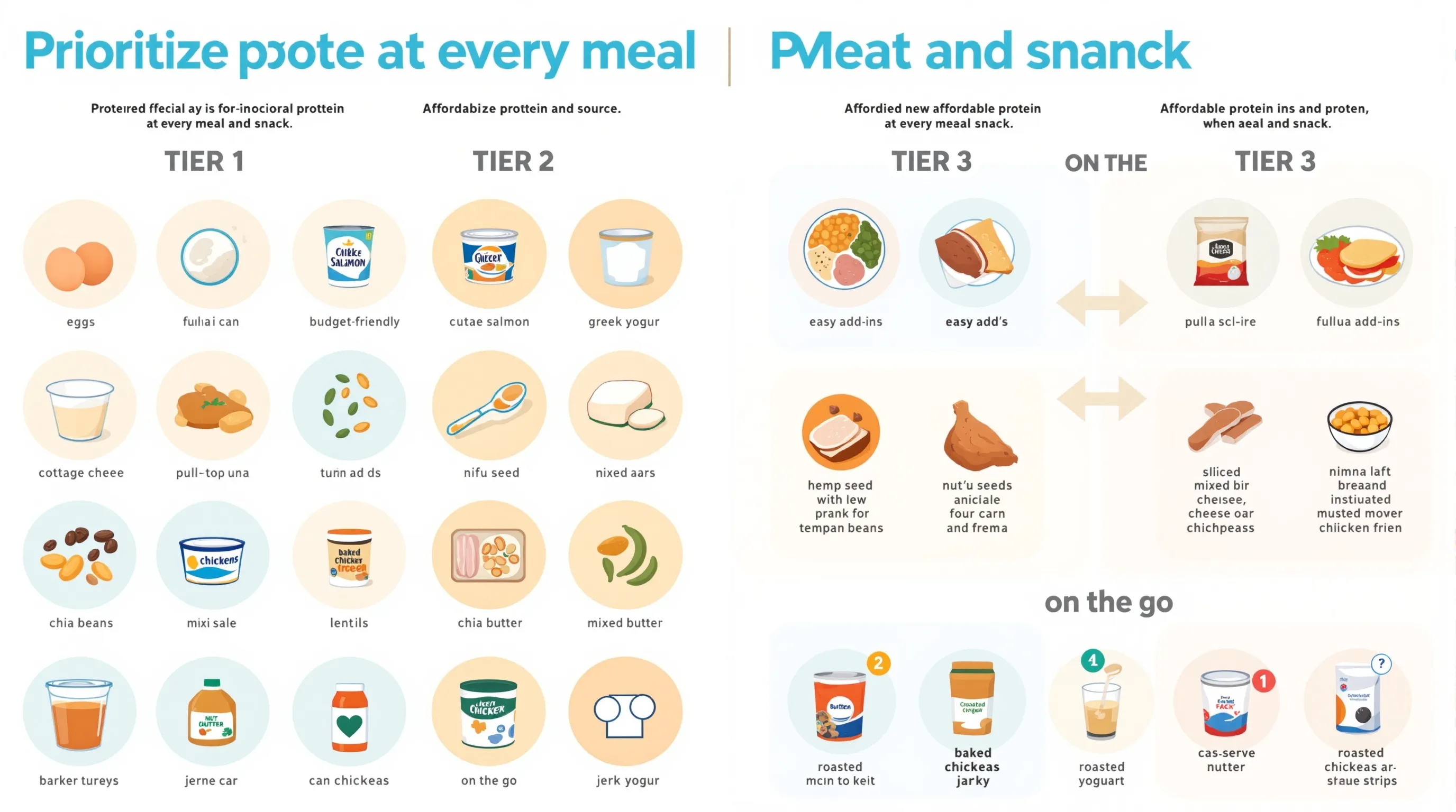 Infographic showing protein sources and portion guide for meals and snacks.
