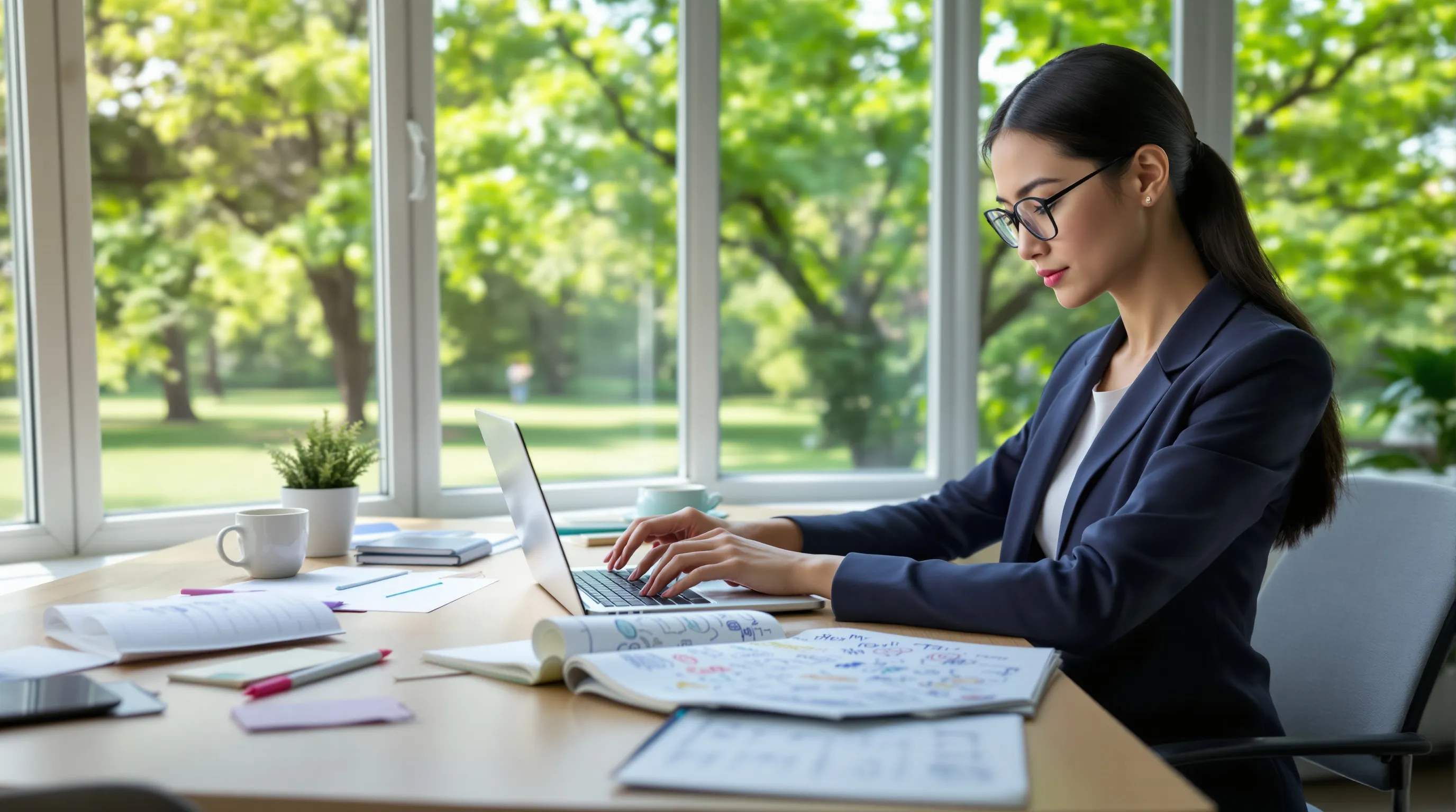 a woman focused on her work at a modern desk with greenery outside.