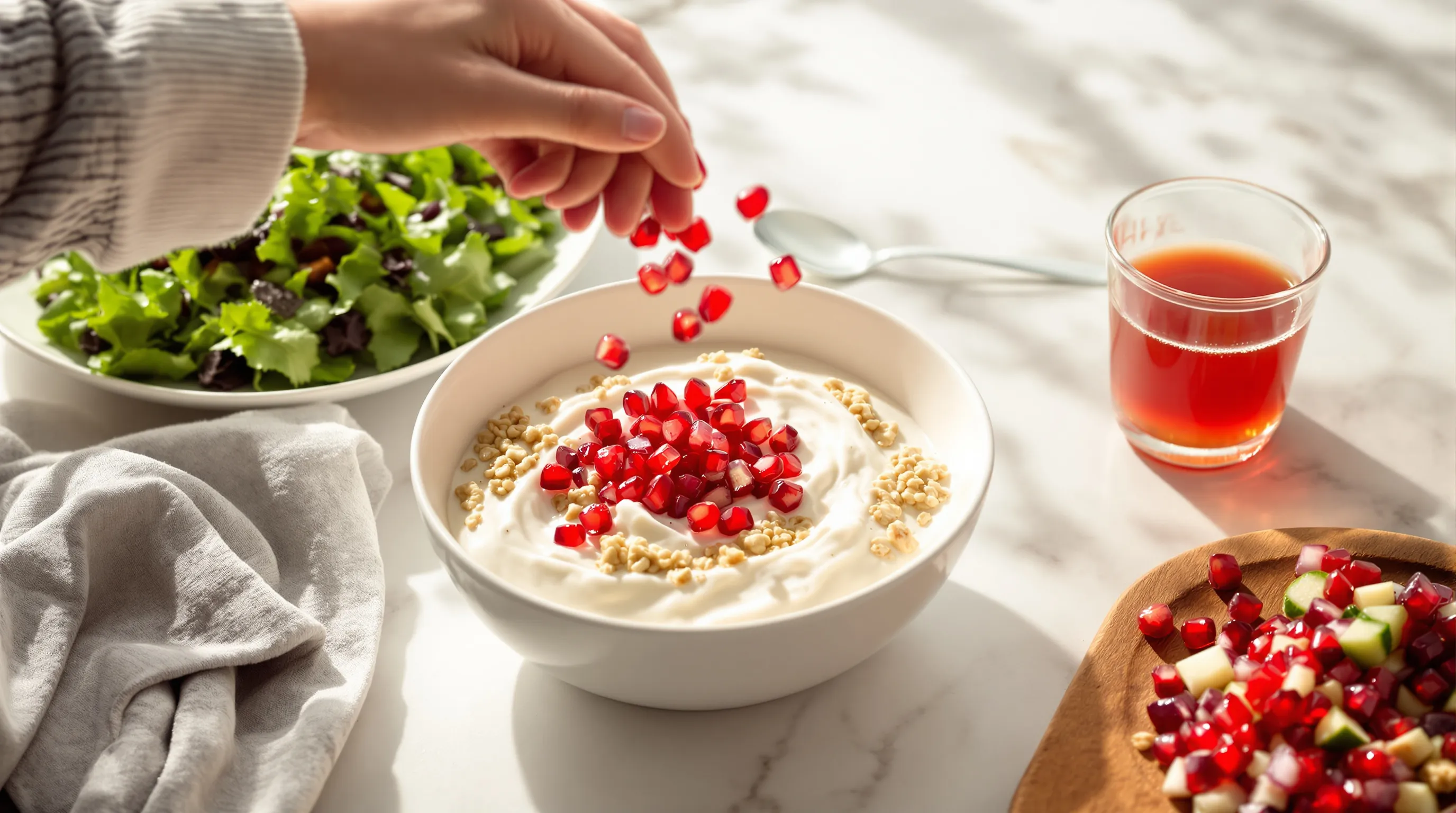 Hand sprinkles pomegranate arils onto yogurt, with juice and salad nearby.