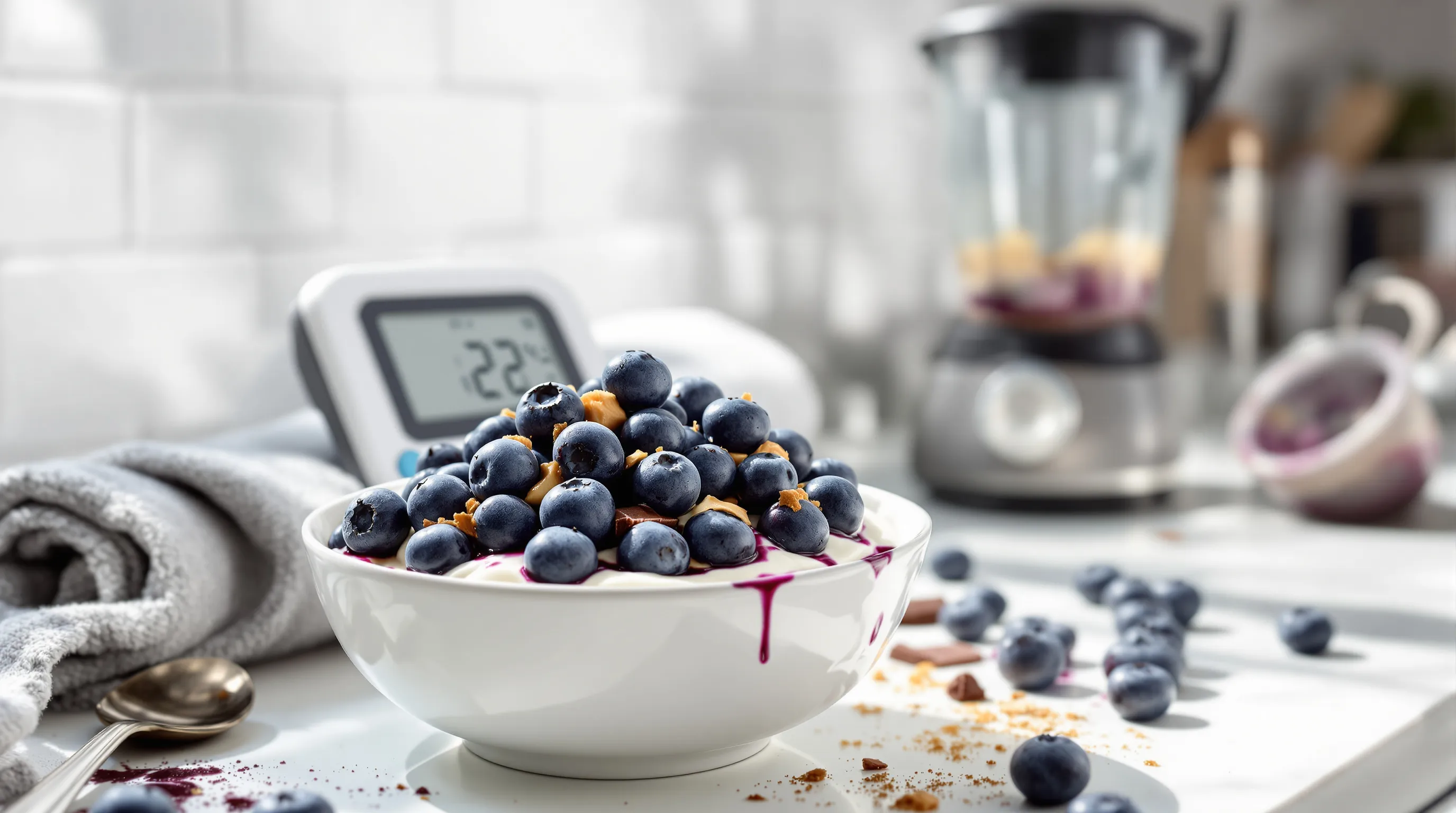 Bowl of yogurt topped with blueberries, chocolate, beside blood pressure monitor.