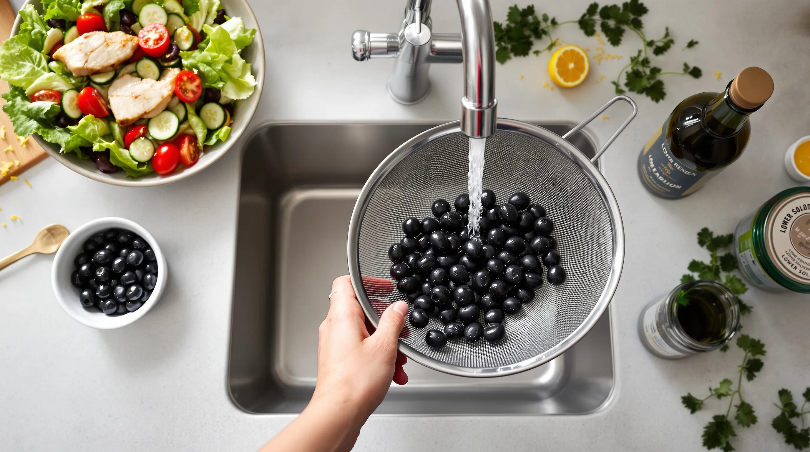 Hands rinsing black olives with salad and olive oil on a kitchen counter.