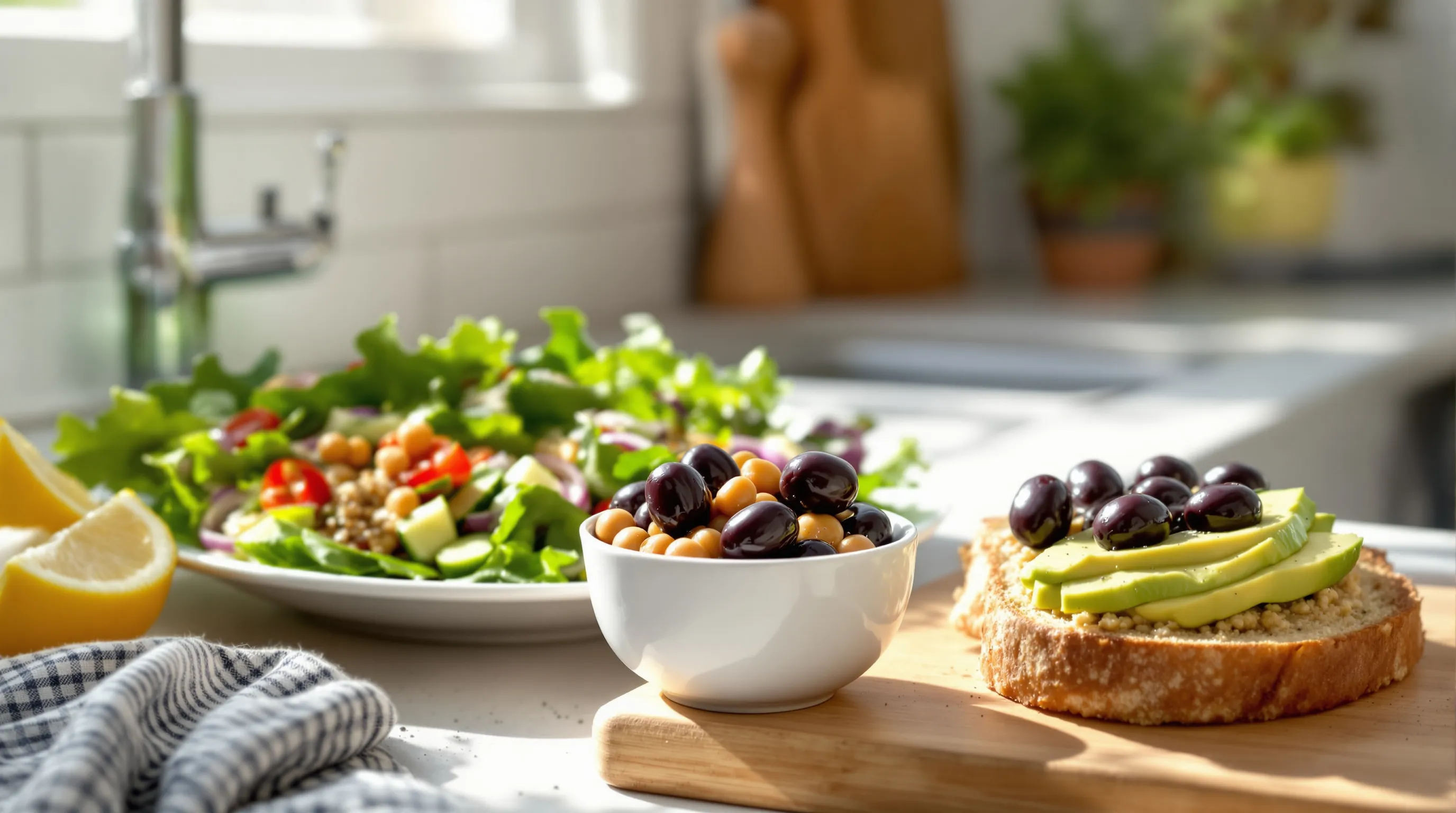 Glossy black olives beside a fresh Mediterranean salad in a bright kitchen.