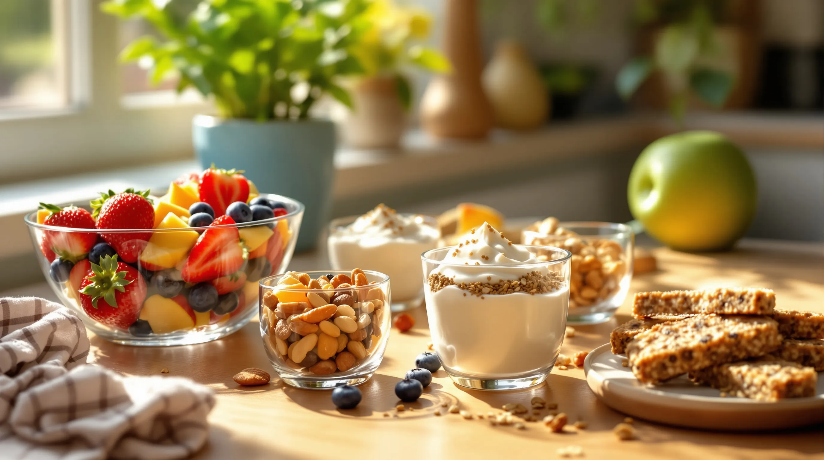 a variety of colorful healthy snacks on a kitchen table.
