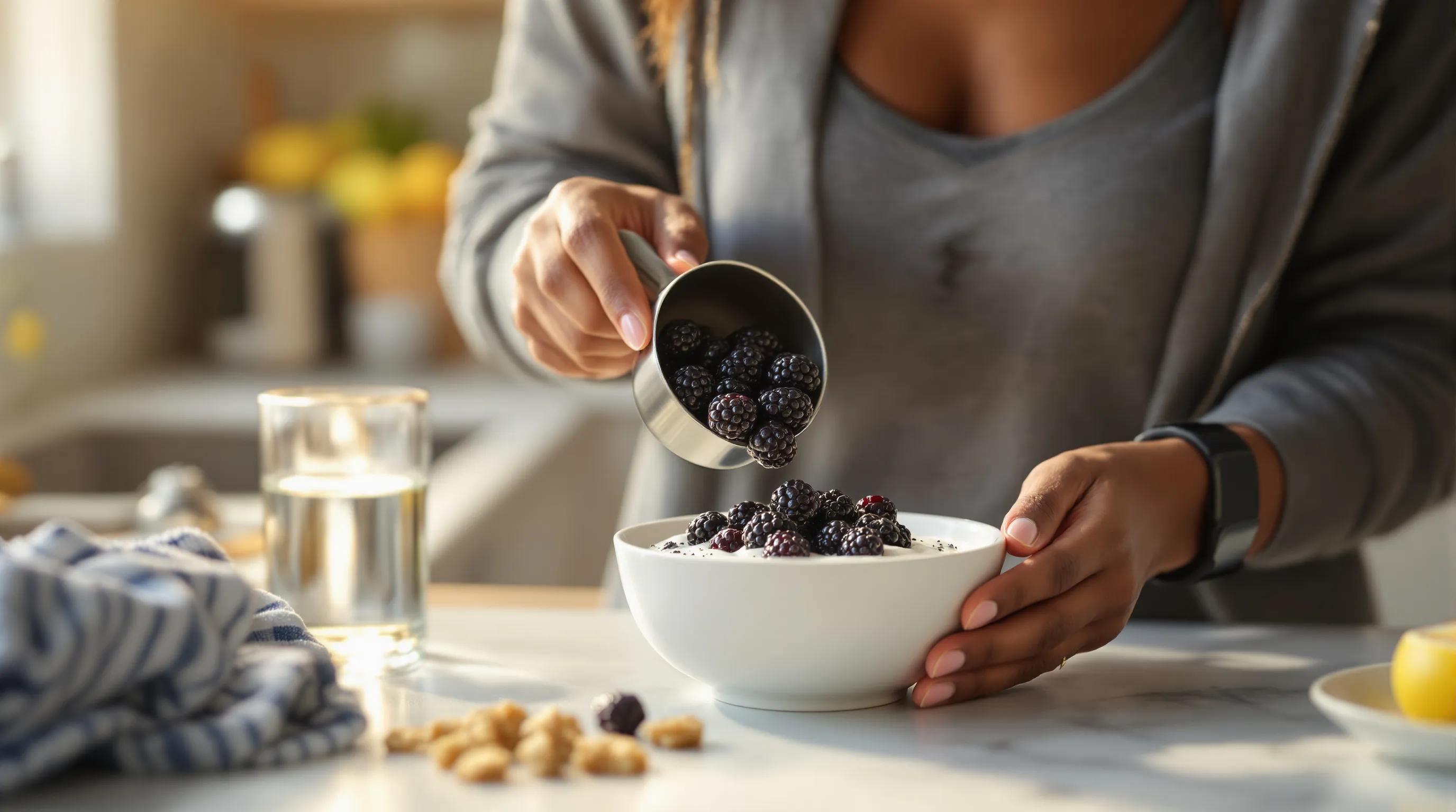 Woman pours fresh blackberries into Greek yogurt for a healthy breakfast.