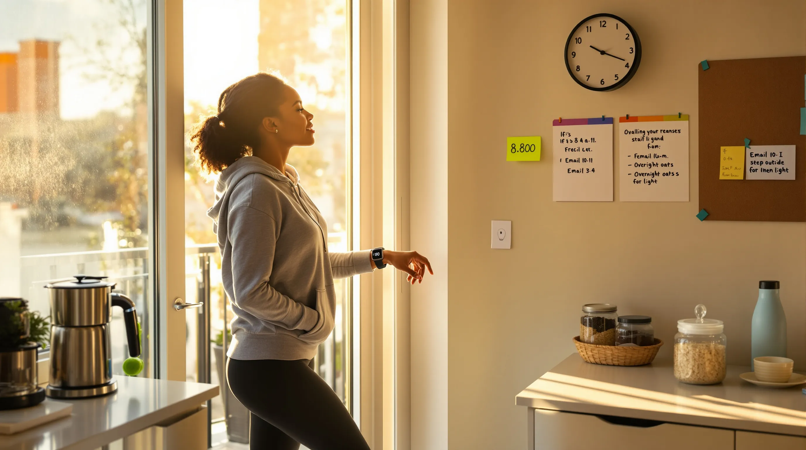 Woman steps onto sunny balcony, morning routine cues organized around her.