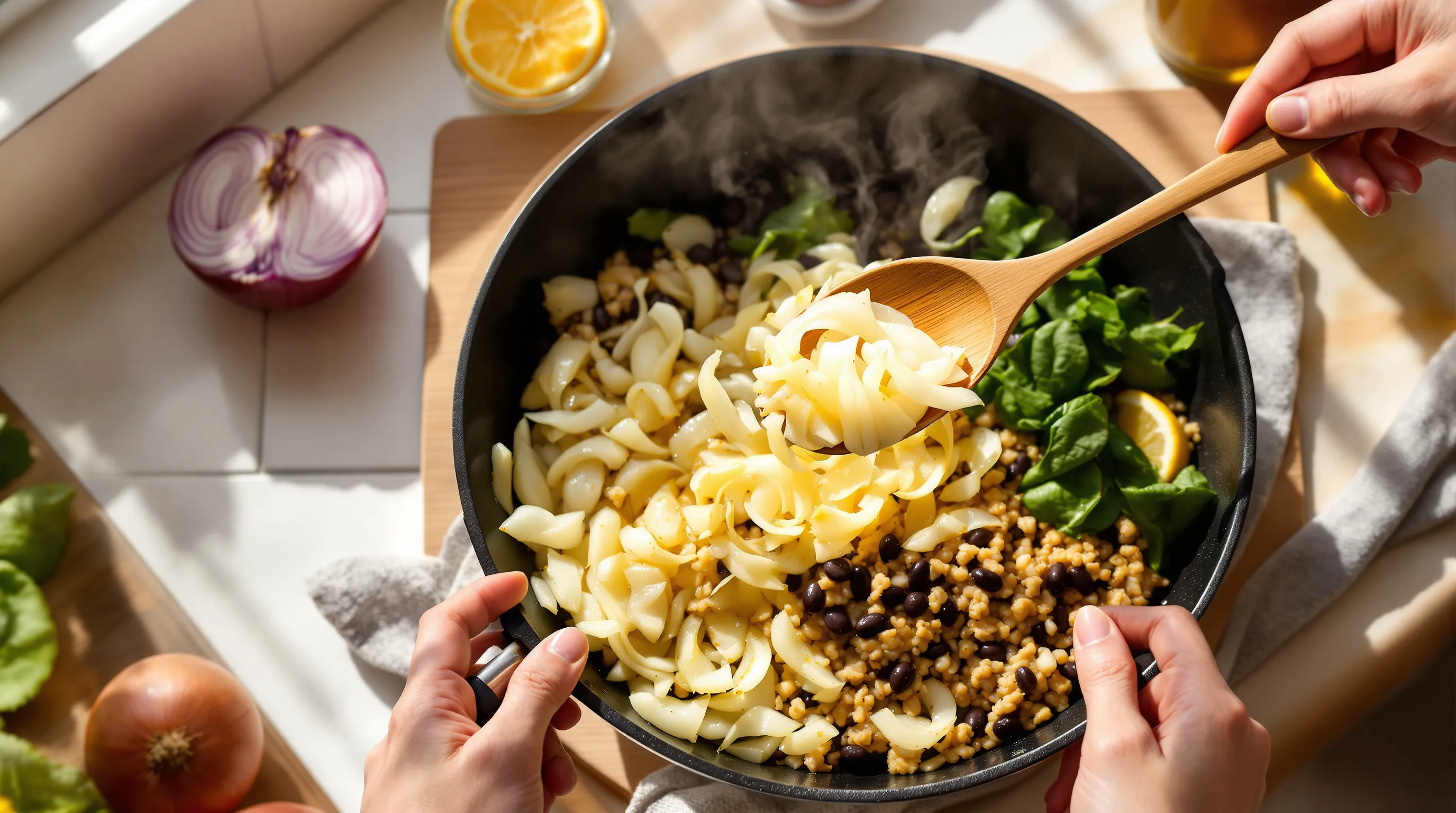Sautéed onions spooned onto a healthy grain bowl in a sunlit kitchen.