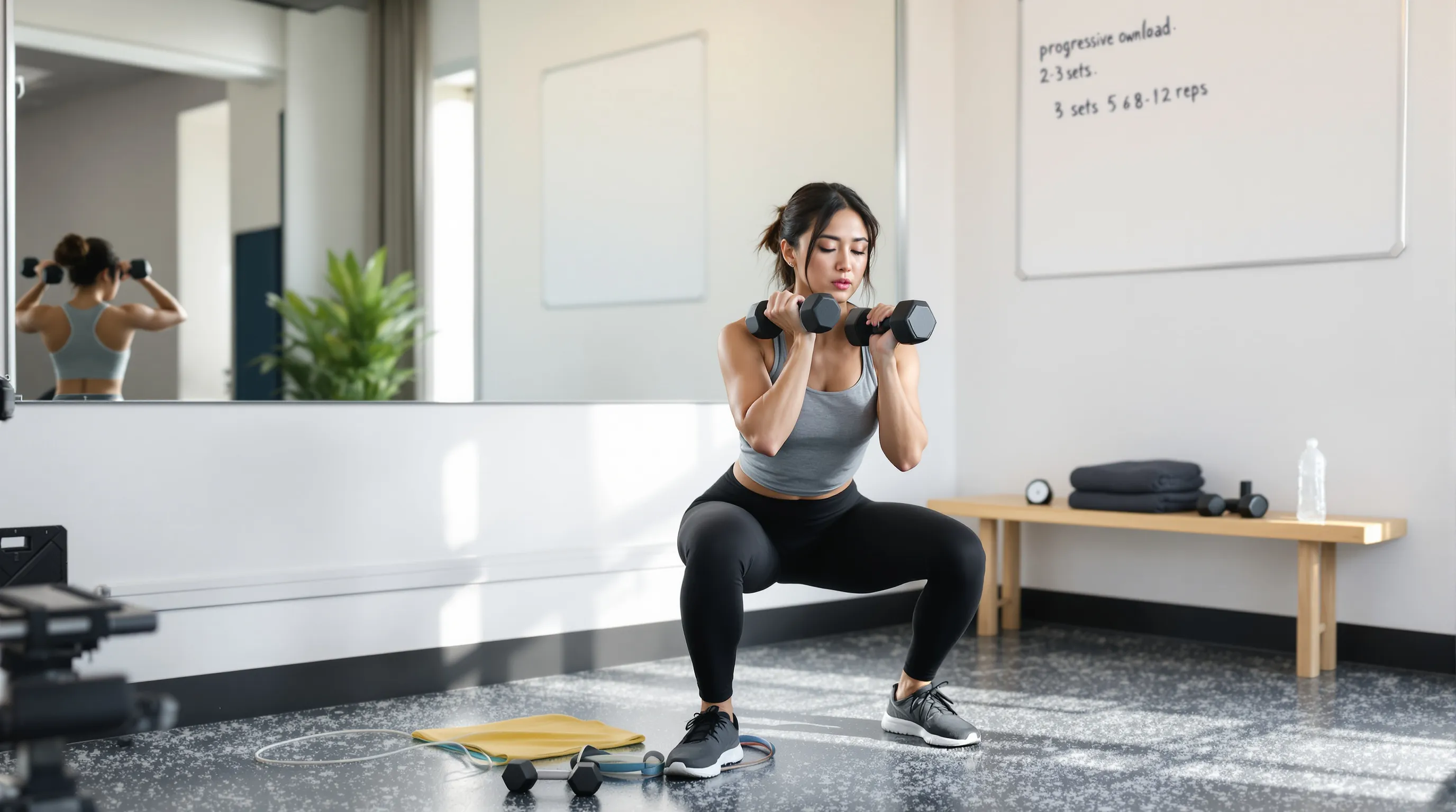Beginner performing a goblet squat with proper form in a bright gym.