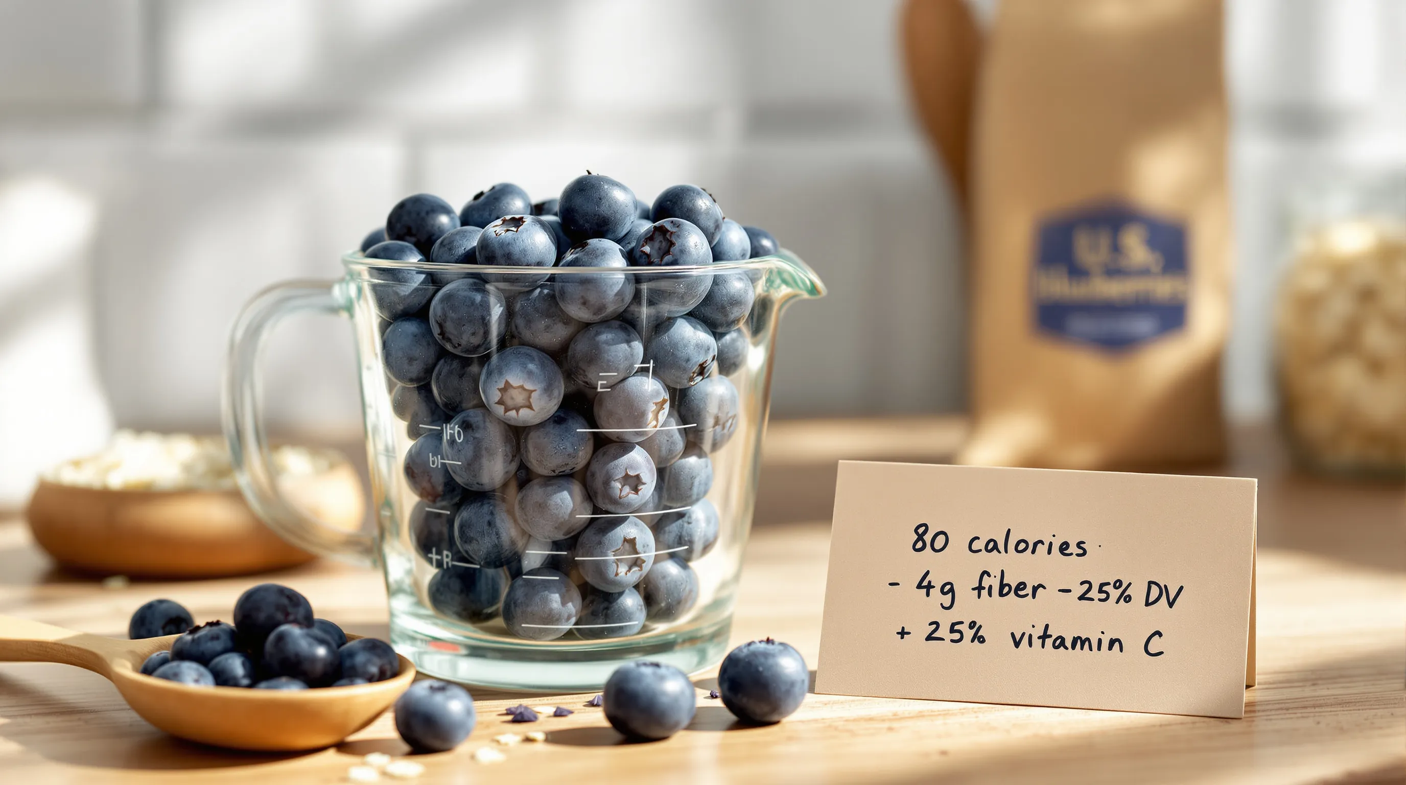 One-cup measuring glass filled with fresh blueberries on a sunlit kitchen counter.