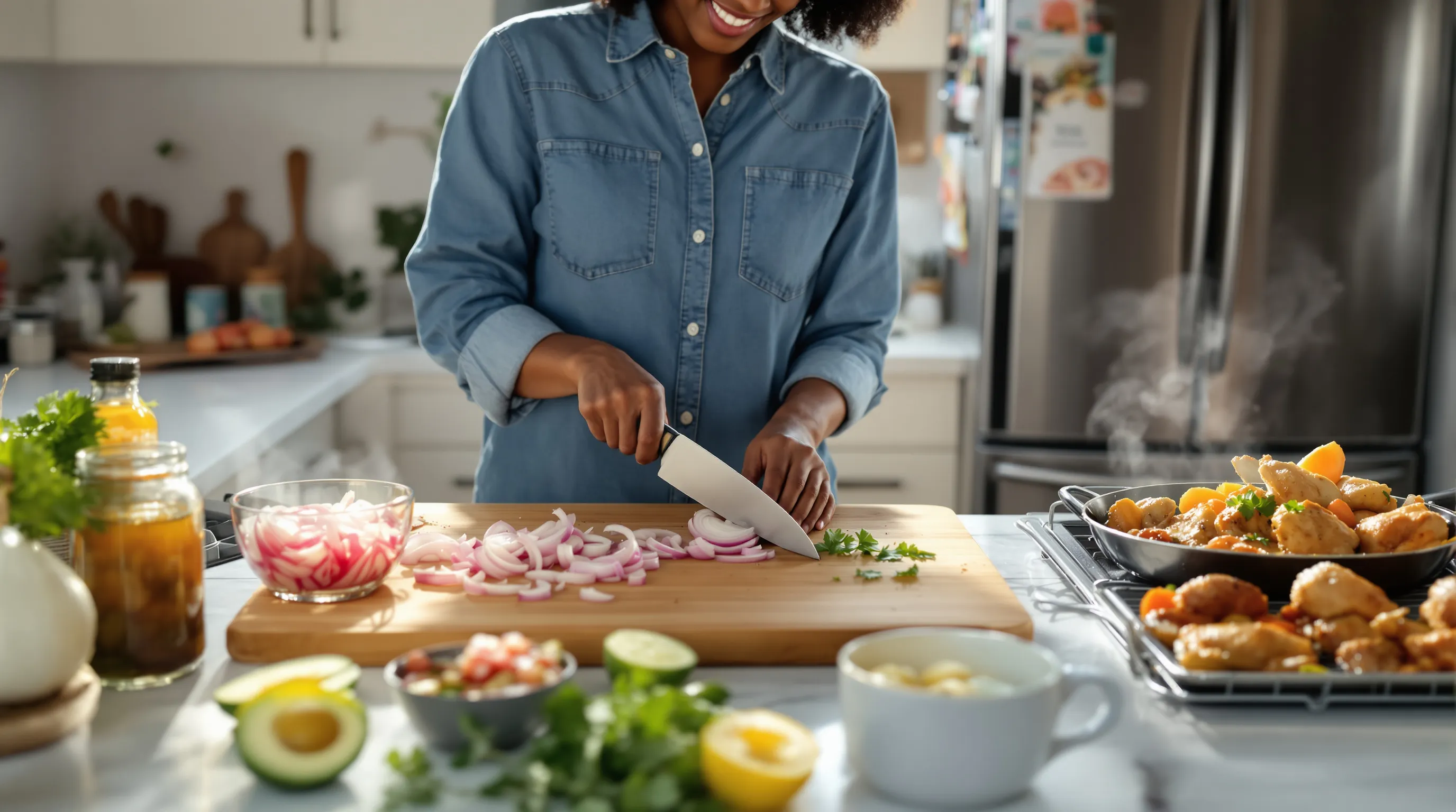 Home cook slices red onion with tear-free tips and healthy onion dishes nearby.