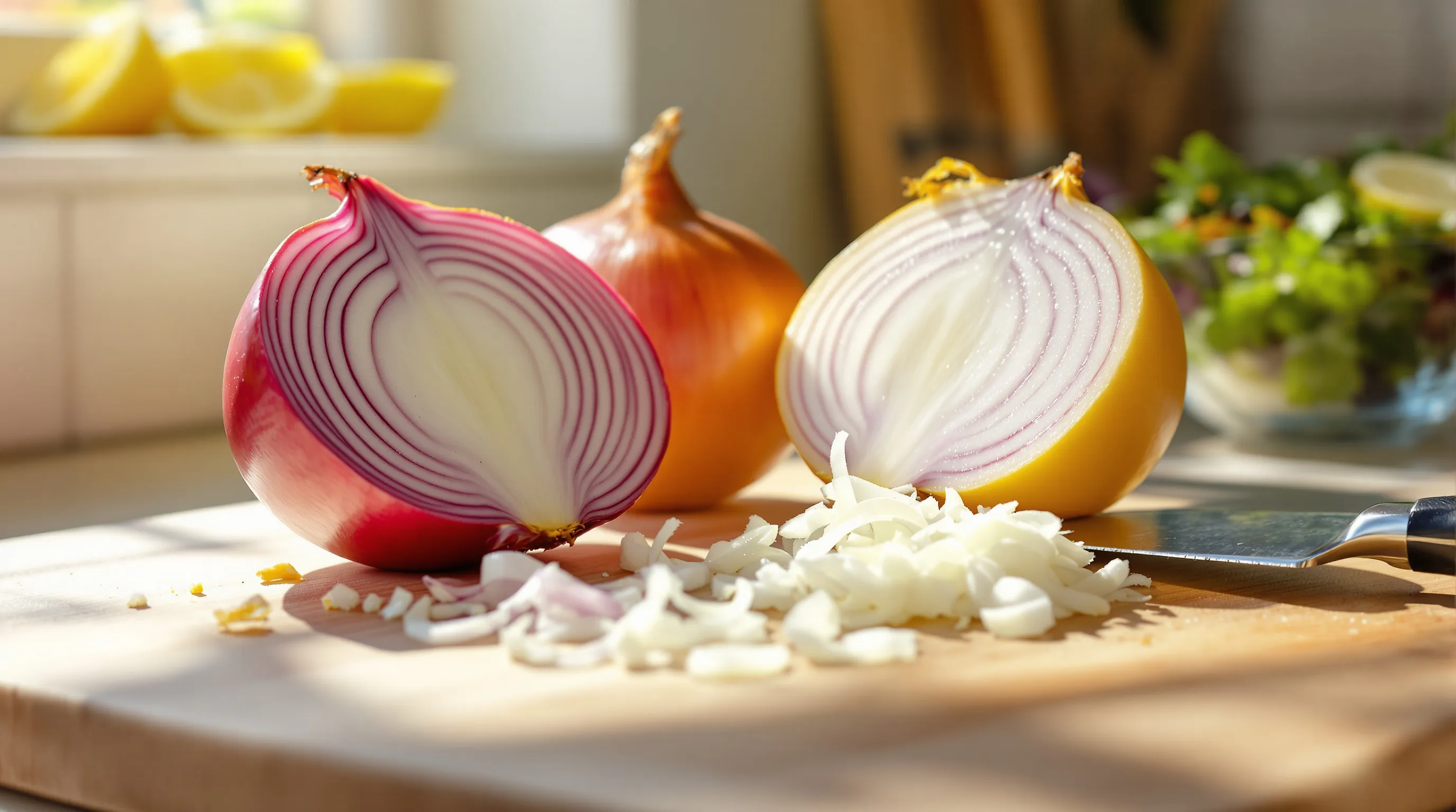 Sliced red and yellow onions on a cutting board in bright kitchen.