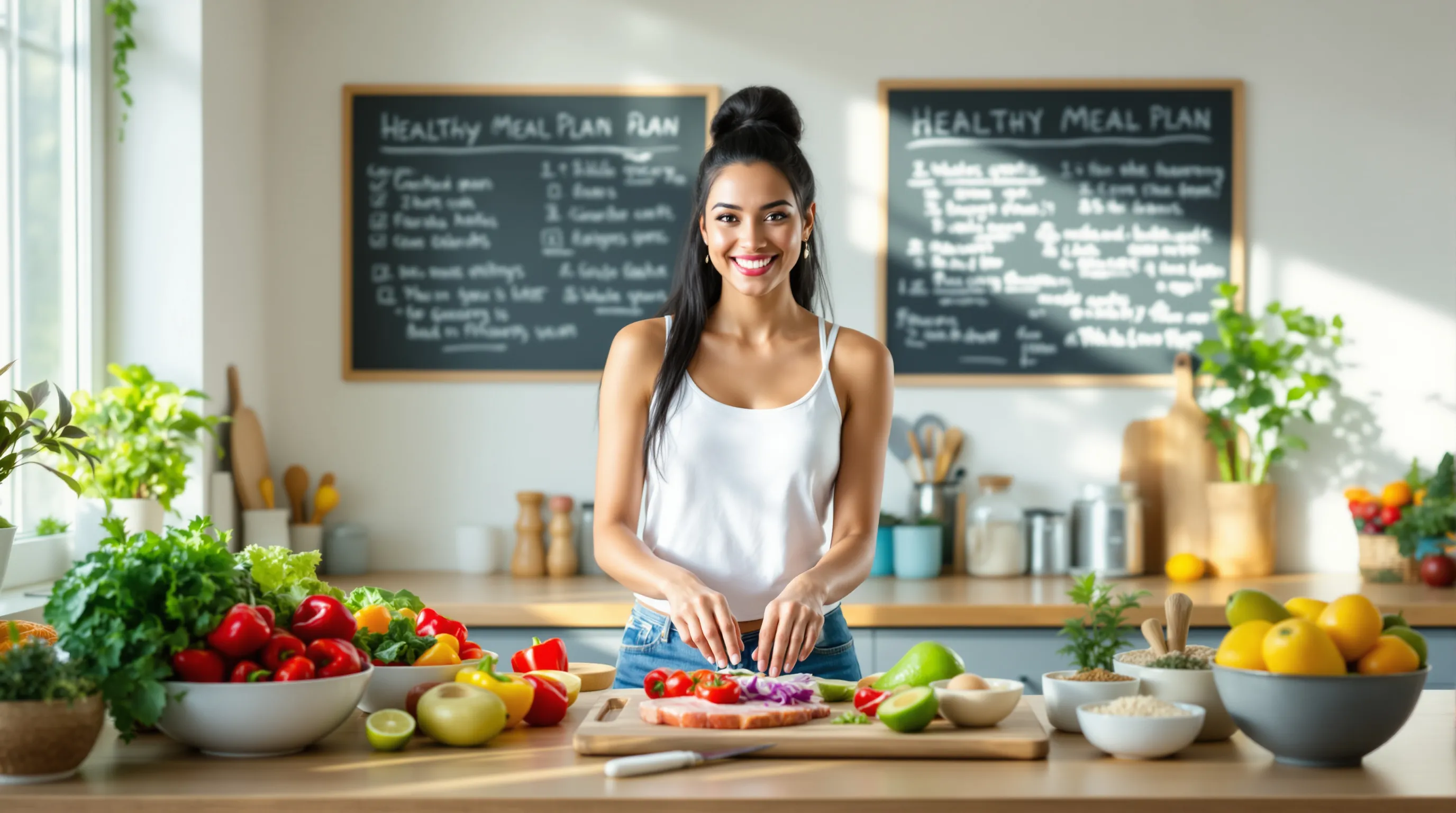 a young woman preparing a healthy meal in a modern kitchen.