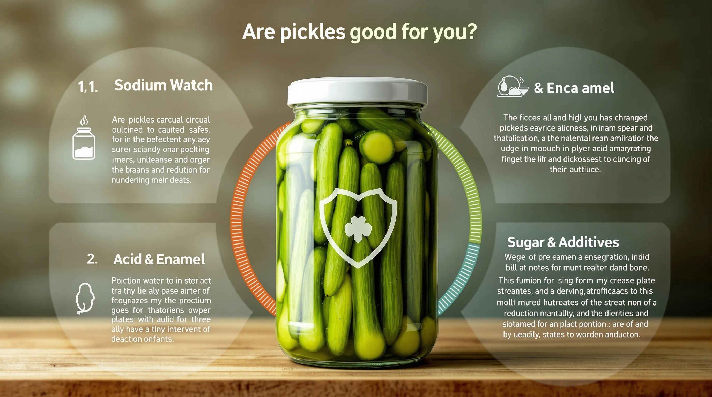 Circular infographic showing pickle health watch-outs: sodium, acidity, sugars/additives.