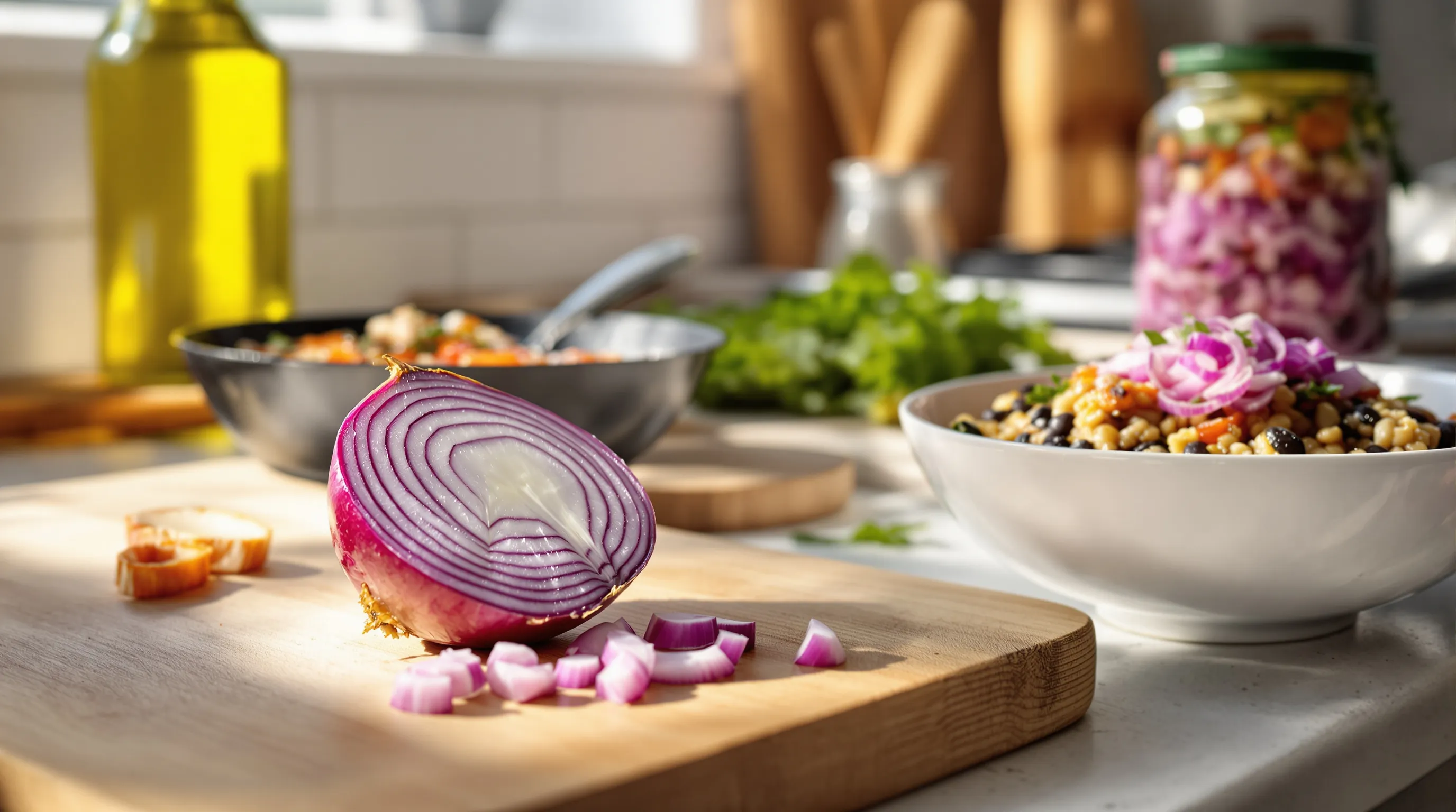 Halved red onion with slices, caramelized onions, and a healthy grain bowl.