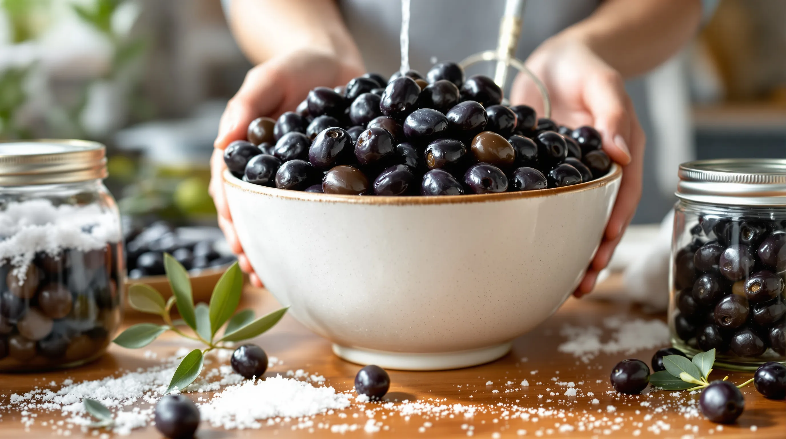 Bowl of ripe black olives with curing methods and rinsing in a sunny kitchen.