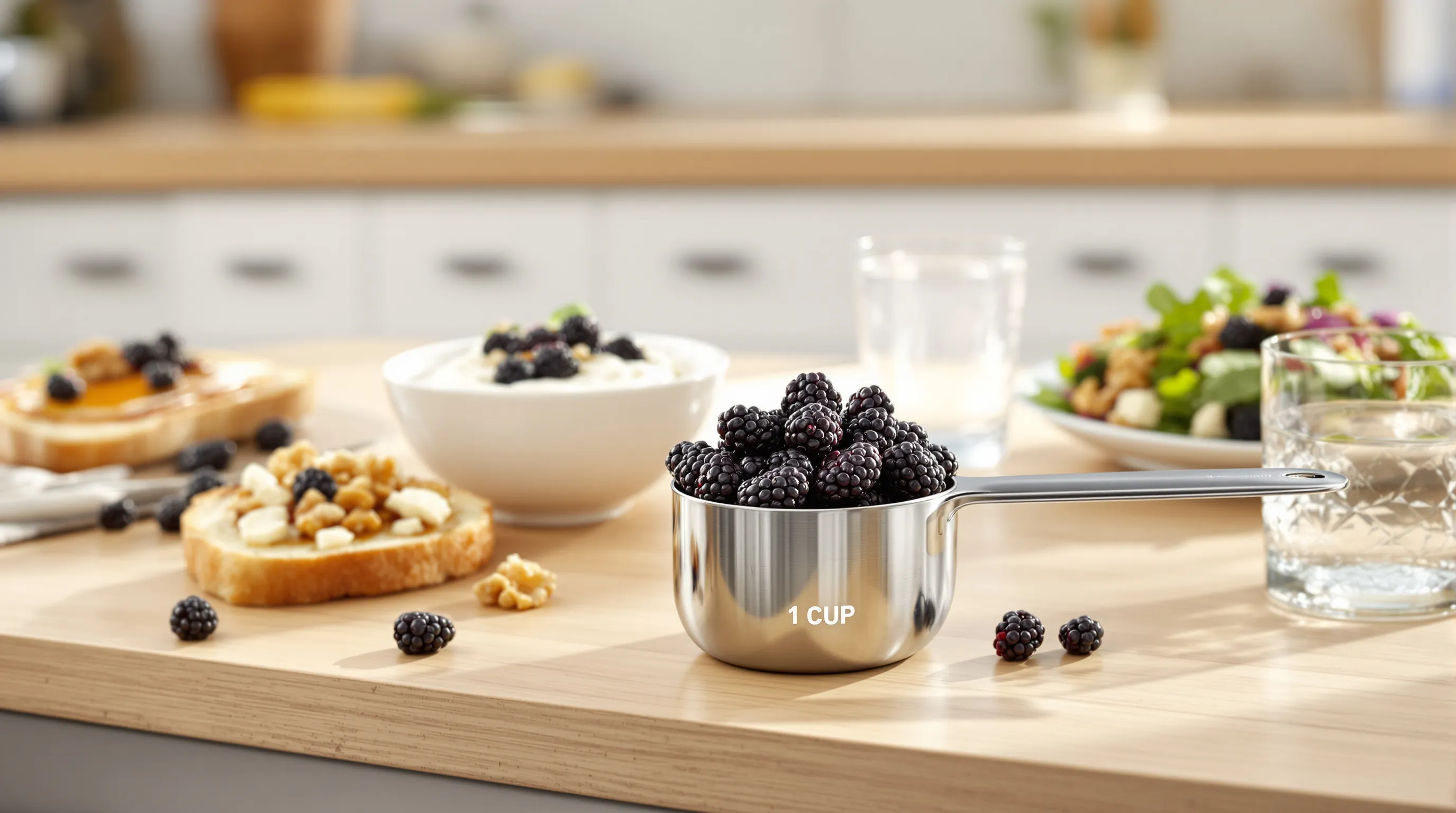 One-cup of fresh blackberries with healthy pairings on a sunlit kitchen counter.