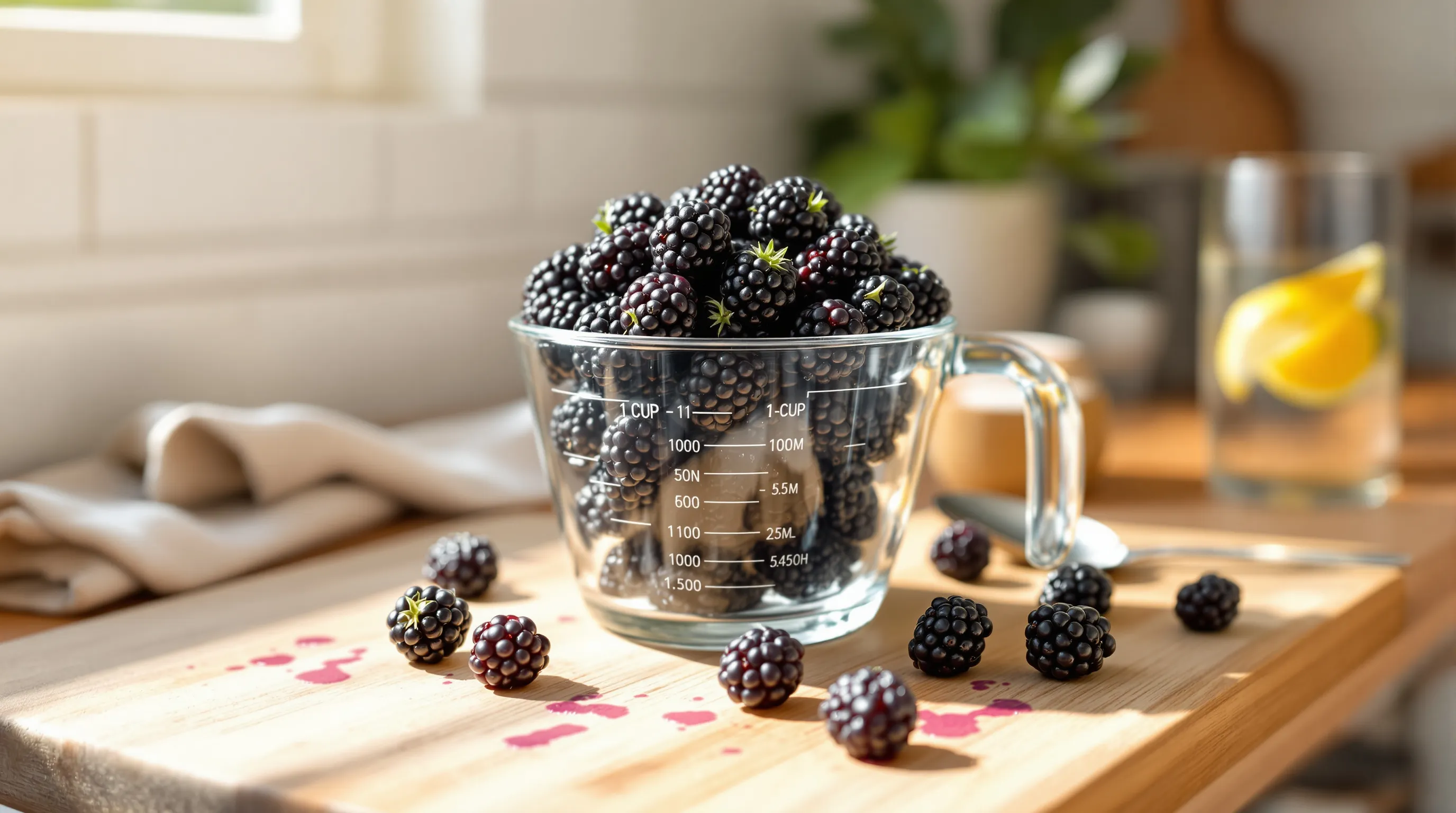 A glass measuring cup filled with fresh blackberries on a sunlit kitchen counter.