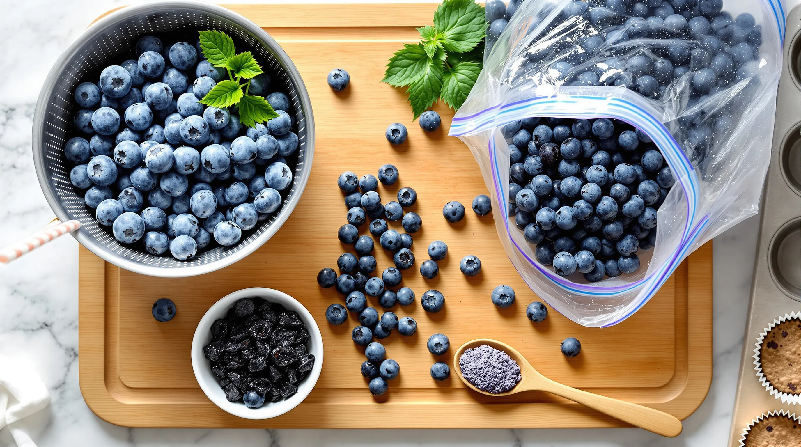 Fresh, frozen, dried, and powdered blueberries with smoothie and baking cues.