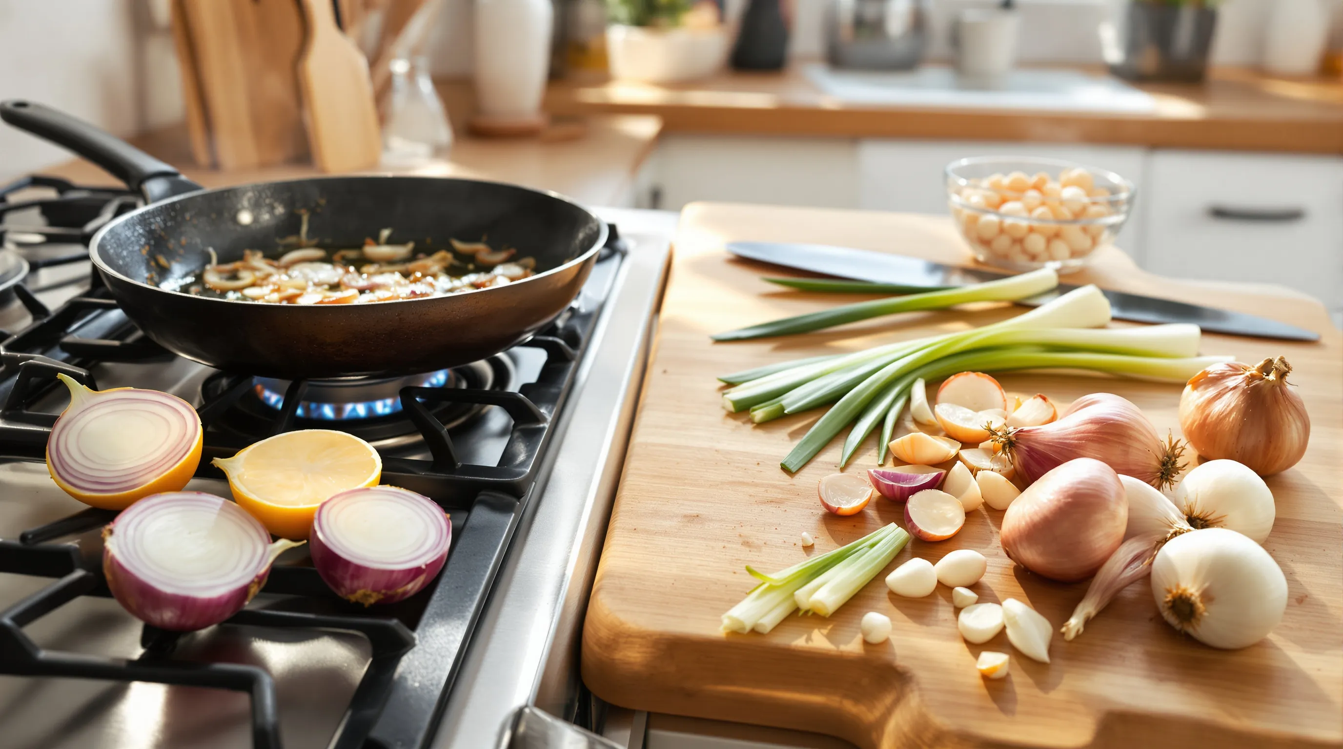 Skillet of sautéed onions beside raw red, yellow, white, and scallions.