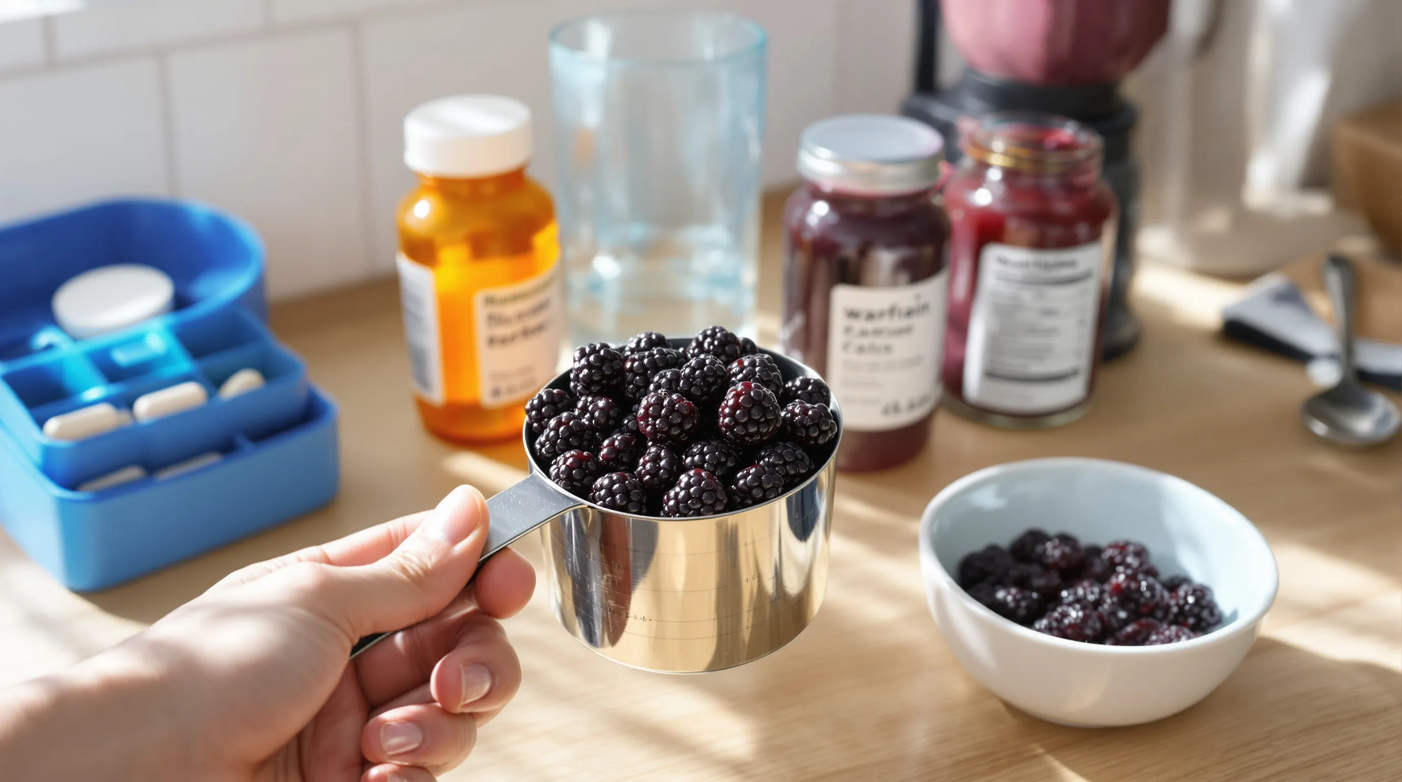 Hand measures blackberries near warfarin, water, and chia jam on a kitchen counter.