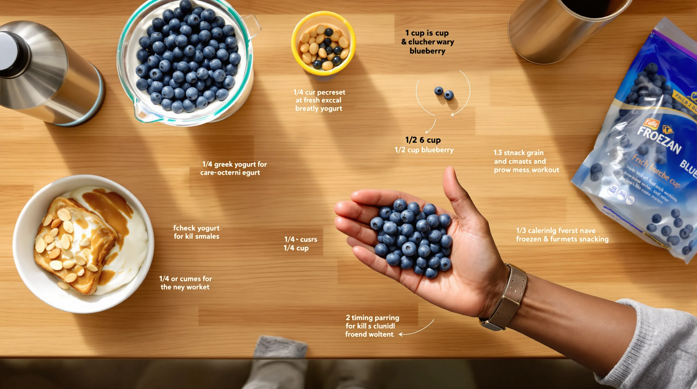 Cupped hand measuring blueberries beside yogurt, nuts, and kid snack cup.