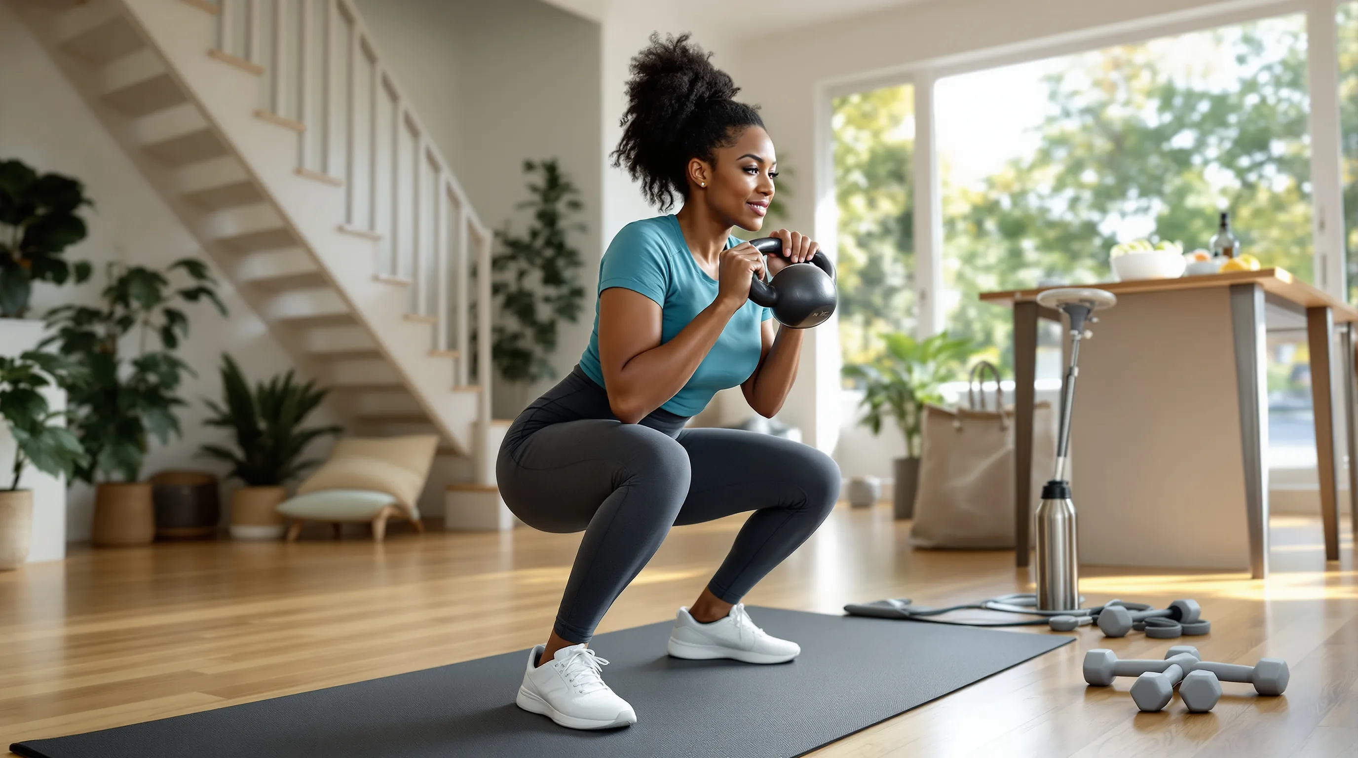 Beginner doing goblet squats in a sunny home, focused and confident.